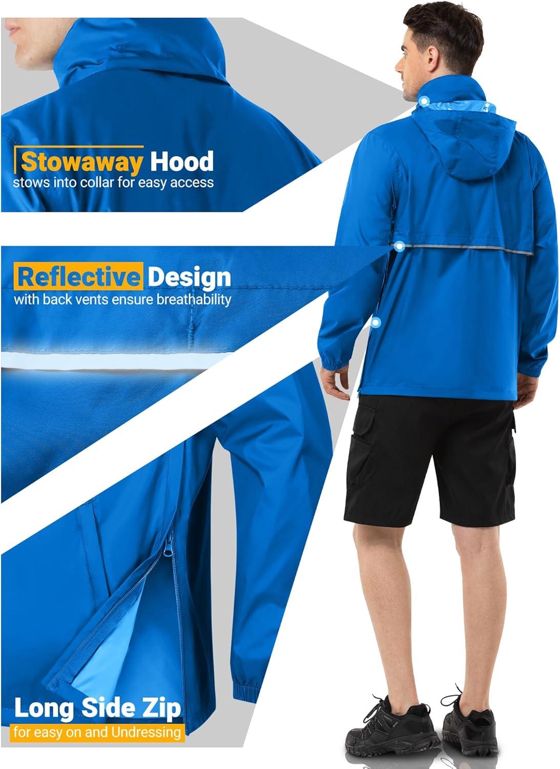 Outdoor Ventures Men’s Rain Jacket Waterproof Lightweight Packable Rain Pullover for Hiking Golf Running(Bright Blue)