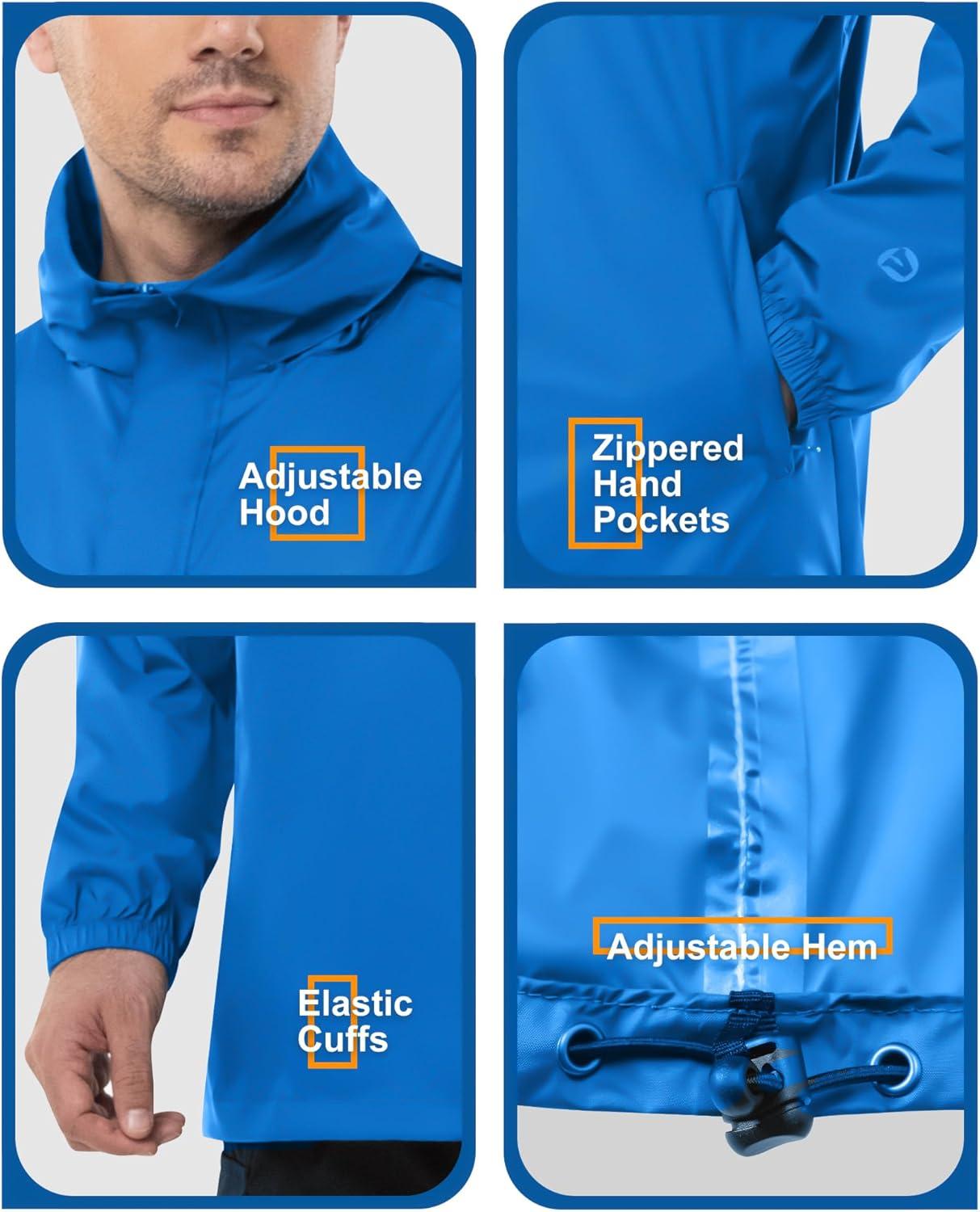 Outdoor Ventures Men’s Rain Jacket Waterproof Lightweight Packable Rain Pullover for Hiking Golf Running(Bright Blue)