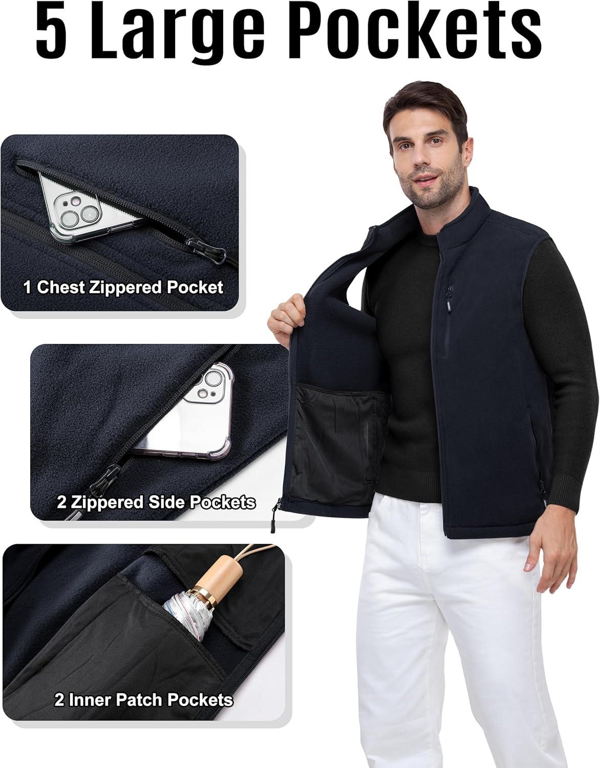 Outdoor Ventures Men’s Full-Zip Lightweight Polar Fleece Vest Outerwear with 5 Pockets Warm Winter Sleeveless Jacket Casual(Navy)
