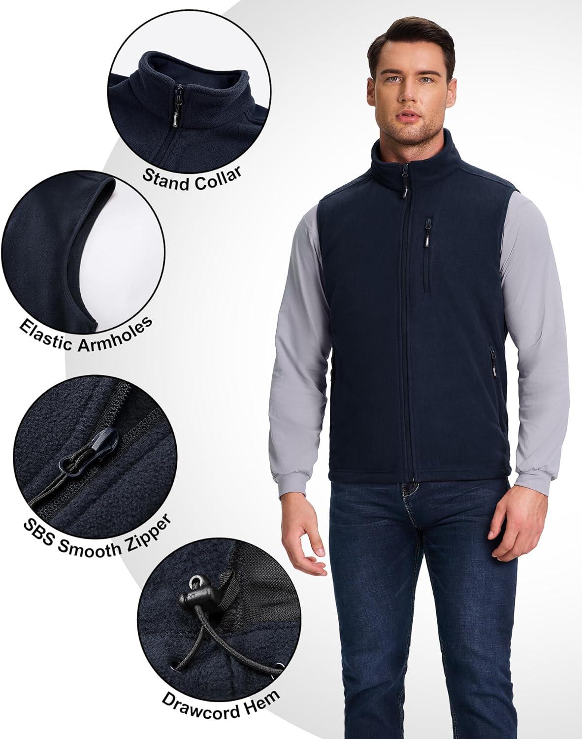 Outdoor Ventures Men’s Full-Zip Lightweight Polar Fleece Vest Outerwear with 5 Pockets Warm Winter Sleeveless Jacket Casual(Navy)