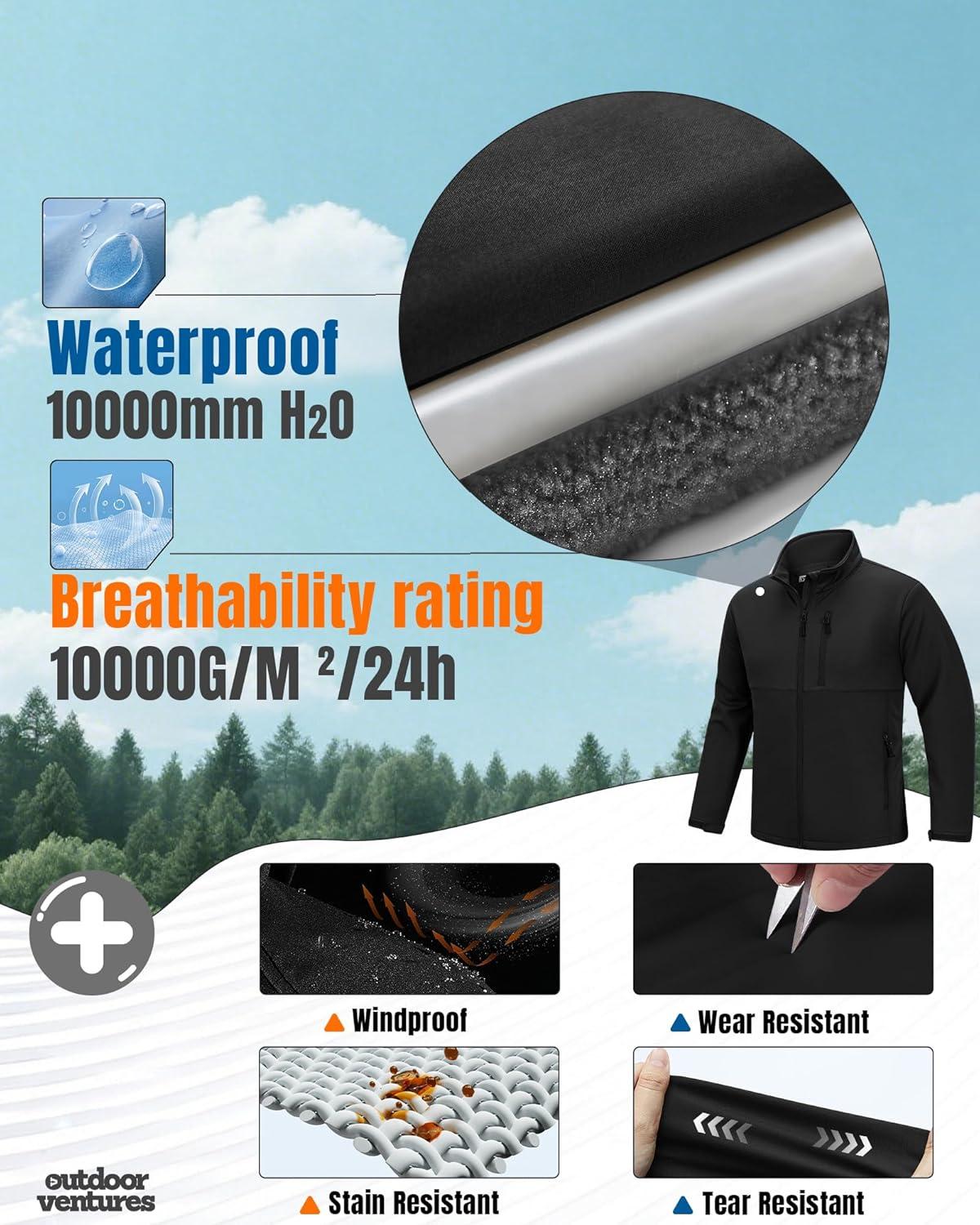 Outdoor Ventures Men’s Softshell Jacket Waterproof Fleece Lined Rain Shell Jacket Lightweight Windbreaker for Hiking Travel(Black)