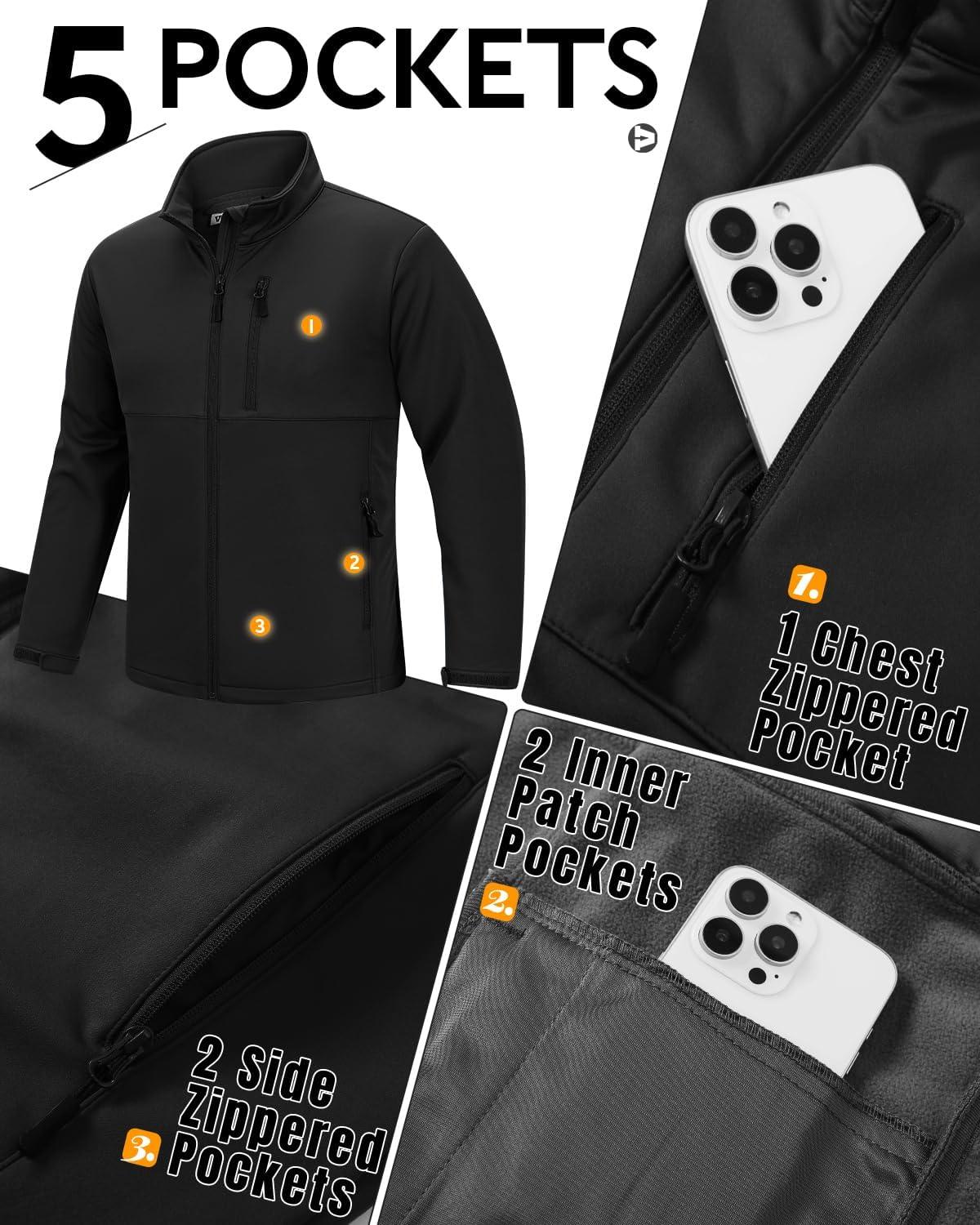 Outdoor Ventures Men’s Softshell Jacket Waterproof Fleece Lined Rain Shell Jacket Lightweight Windbreaker for Hiking Travel(Black)