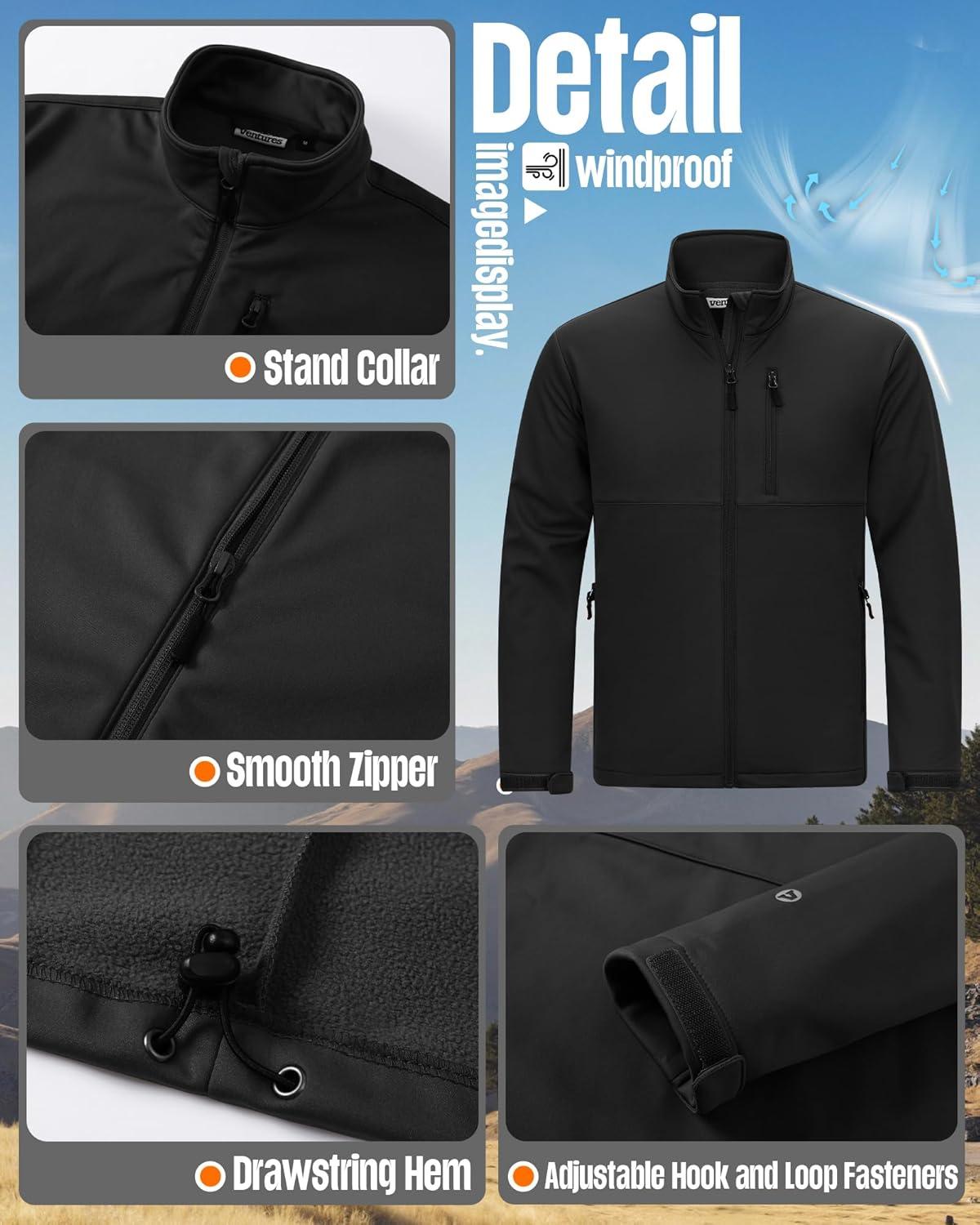 Outdoor Ventures Men’s Softshell Jacket Waterproof Fleece Lined Rain Shell Jacket Lightweight Windbreaker for Hiking Travel(Black)