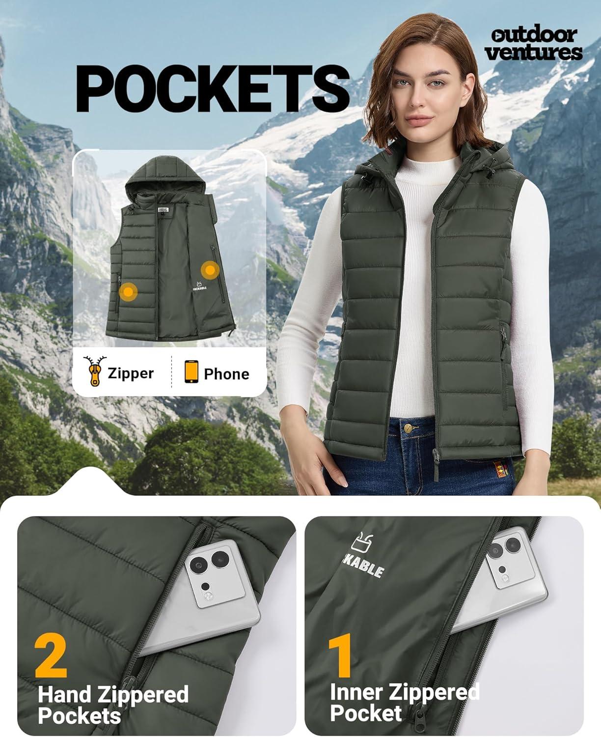 Outdoor Ventures Women’s Lightweight Packable Hooded Puffer Vest Outerwear Zip Up Warm Sleeveless Winter Jacket Quilted Coat(Green)