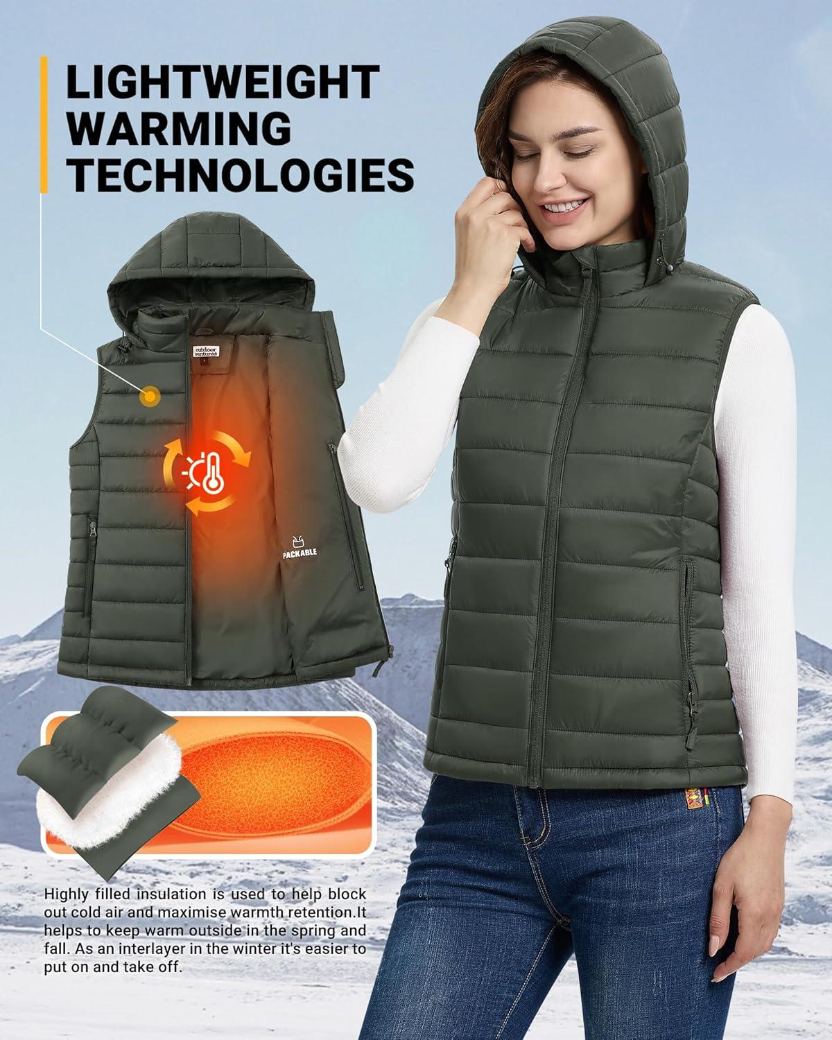 Outdoor Ventures Women’s Lightweight Packable Hooded Puffer Vest Outerwear Zip Up Warm Sleeveless Winter Jacket Quilted Coat(Green)