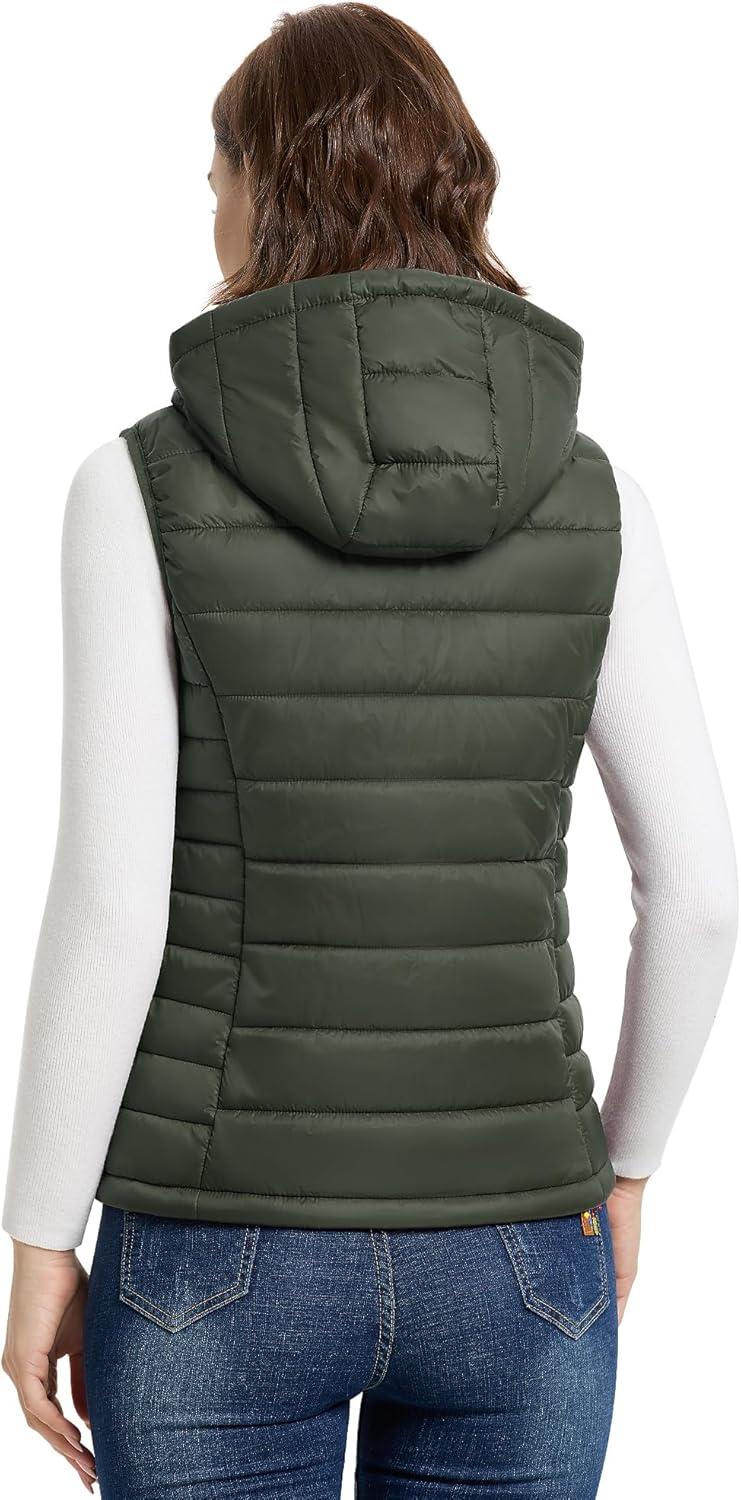 Outdoor Ventures Women’s Lightweight Packable Hooded Puffer Vest Outerwear Zip Up Warm Sleeveless Winter Jacket Quilted Coat(Green)