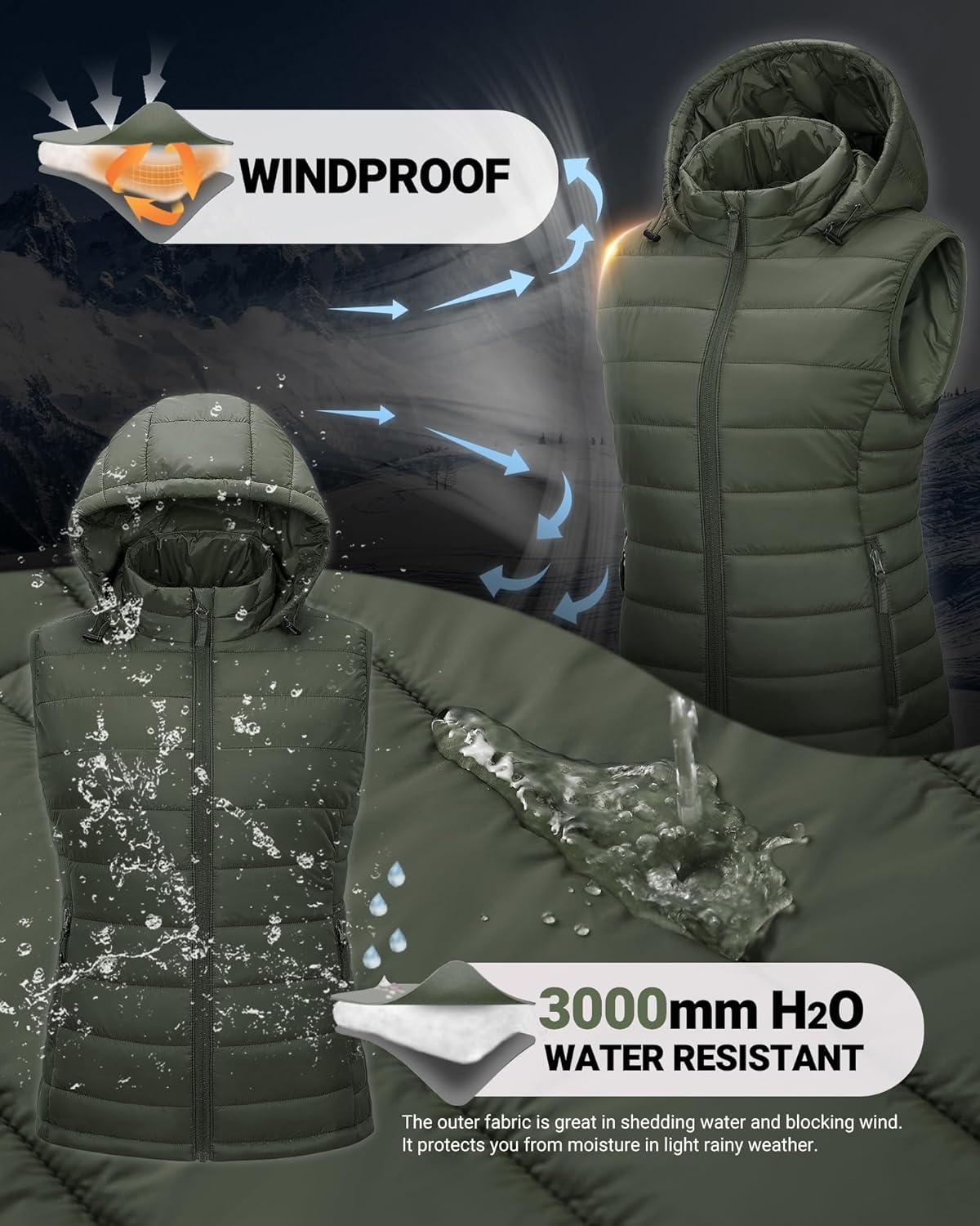 Outdoor Ventures Women’s Lightweight Packable Hooded Puffer Vest Outerwear Zip Up Warm Sleeveless Winter Jacket Quilted Coat(Green)