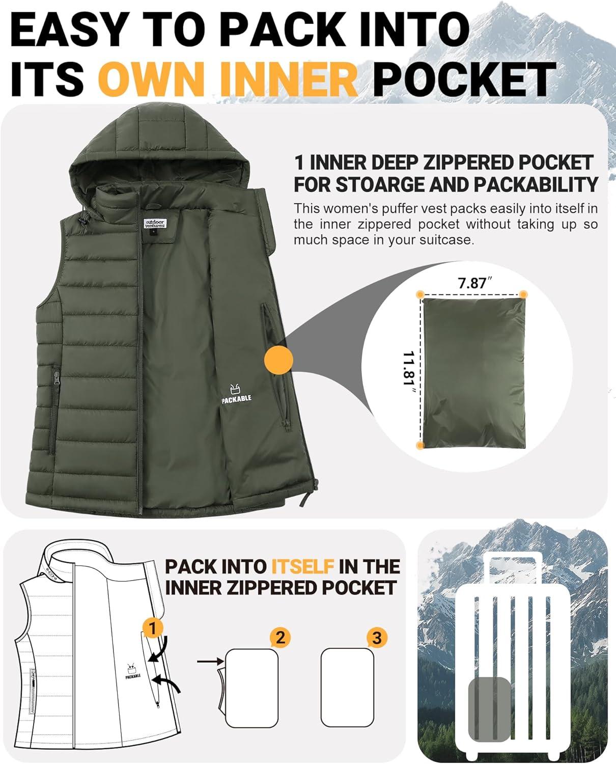 Outdoor Ventures Women’s Lightweight Packable Hooded Puffer Vest Outerwear Zip Up Warm Sleeveless Winter Jacket Quilted Coat(Green)