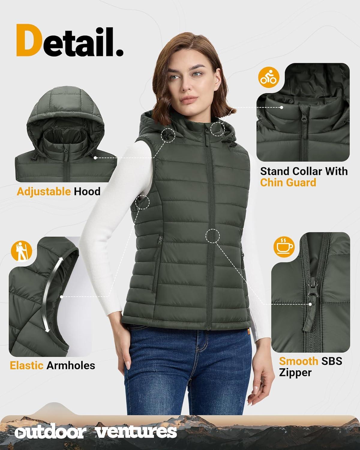 Outdoor Ventures Women’s Lightweight Packable Hooded Puffer Vest Outerwear Zip Up Warm Sleeveless Winter Jacket Quilted Coat(Green)