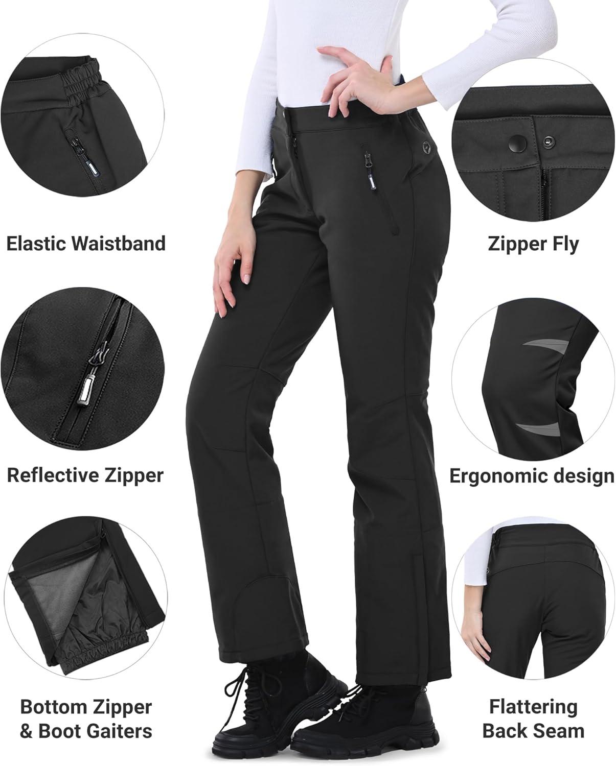 Outdoor Ventures Ski Pants Women Waterproof Insulated Snow Soft Shell Fleece Lined Snowboard Windproof with Boot Gaiters(Black- New Versione)