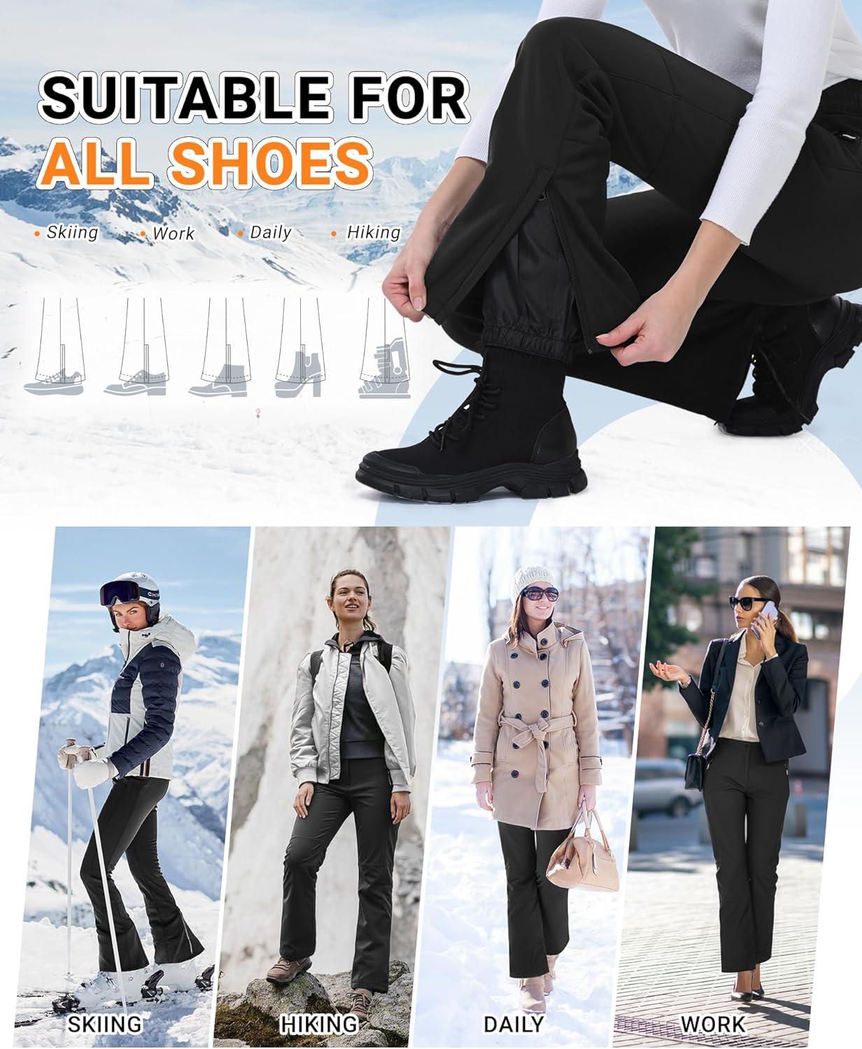 Outdoor Ventures Ski Pants Women Waterproof Insulated Snow Soft Shell Fleece Lined Snowboard Windproof with Boot Gaiters(Black- New Versione)