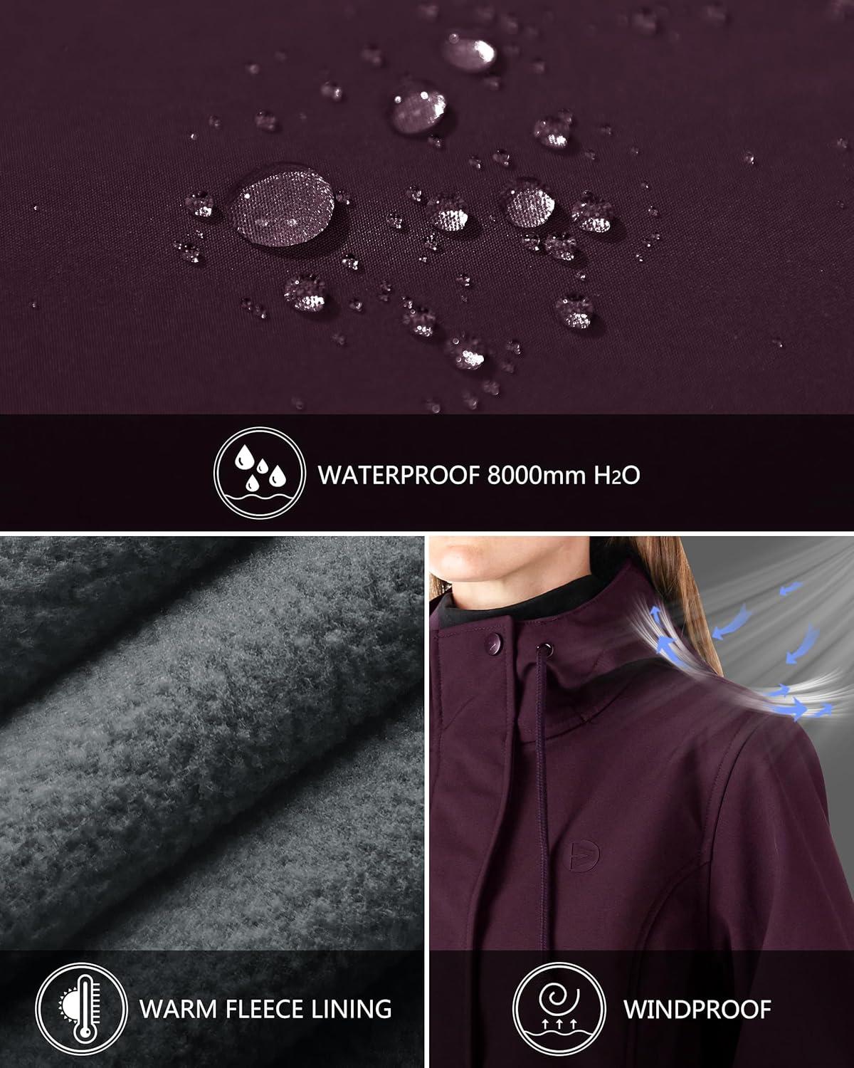 Outdoor Ventures Women’s Lightweight Waterproof Fleece Lined Hooded Softshell Rain Jacket, Warm Windbreaker Long Coat(Crimson)