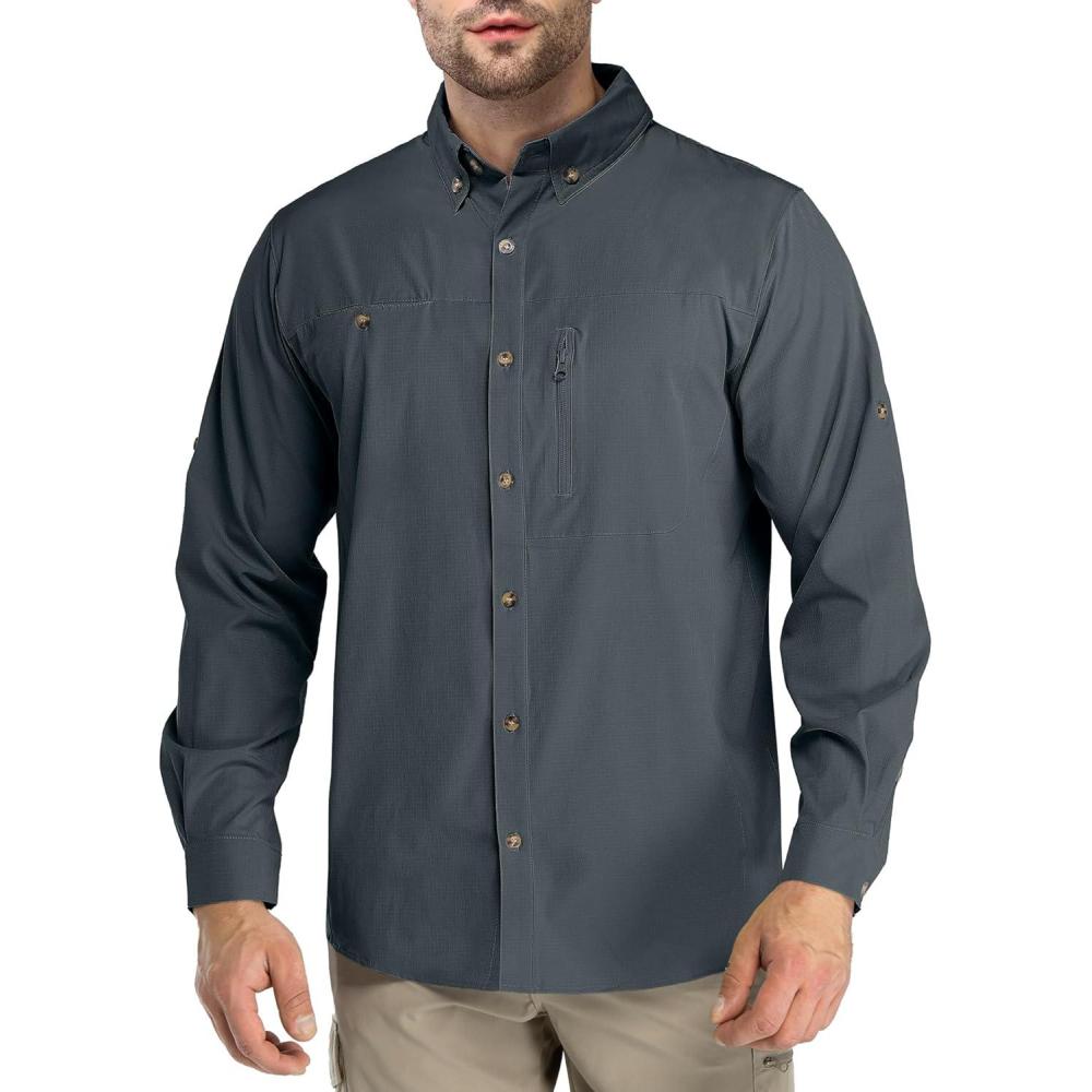 Outdoor Ventures Men’s Long Sleeve Hiking Shirt UPF 50 UV Sun Protection Shirt Cooling Quick Dry for Travel Fishing Safari(Grey)