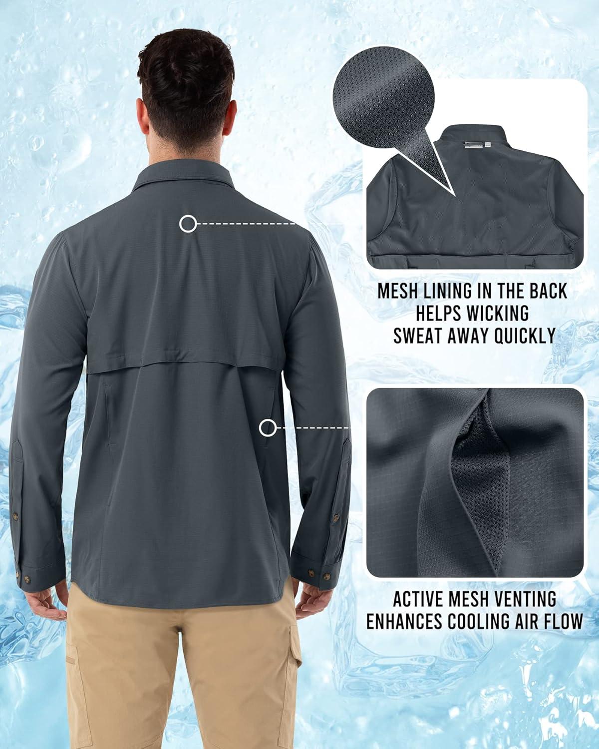 Outdoor Ventures Men’s Long Sleeve Hiking Shirt UPF 50 UV Sun Protection Shirt Cooling Quick Dry for Travel Fishing Safari(Grey)