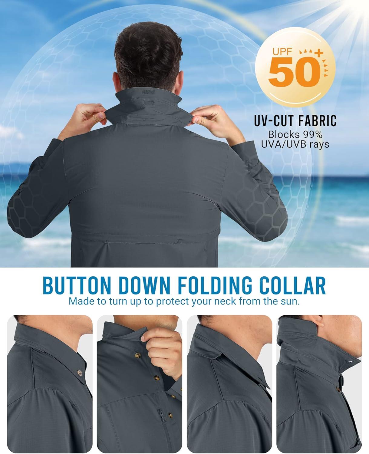 Outdoor Ventures Men’s Long Sleeve Hiking Shirt UPF 50 UV Sun Protection Shirt Cooling Quick Dry for Travel Fishing Safari(Grey)