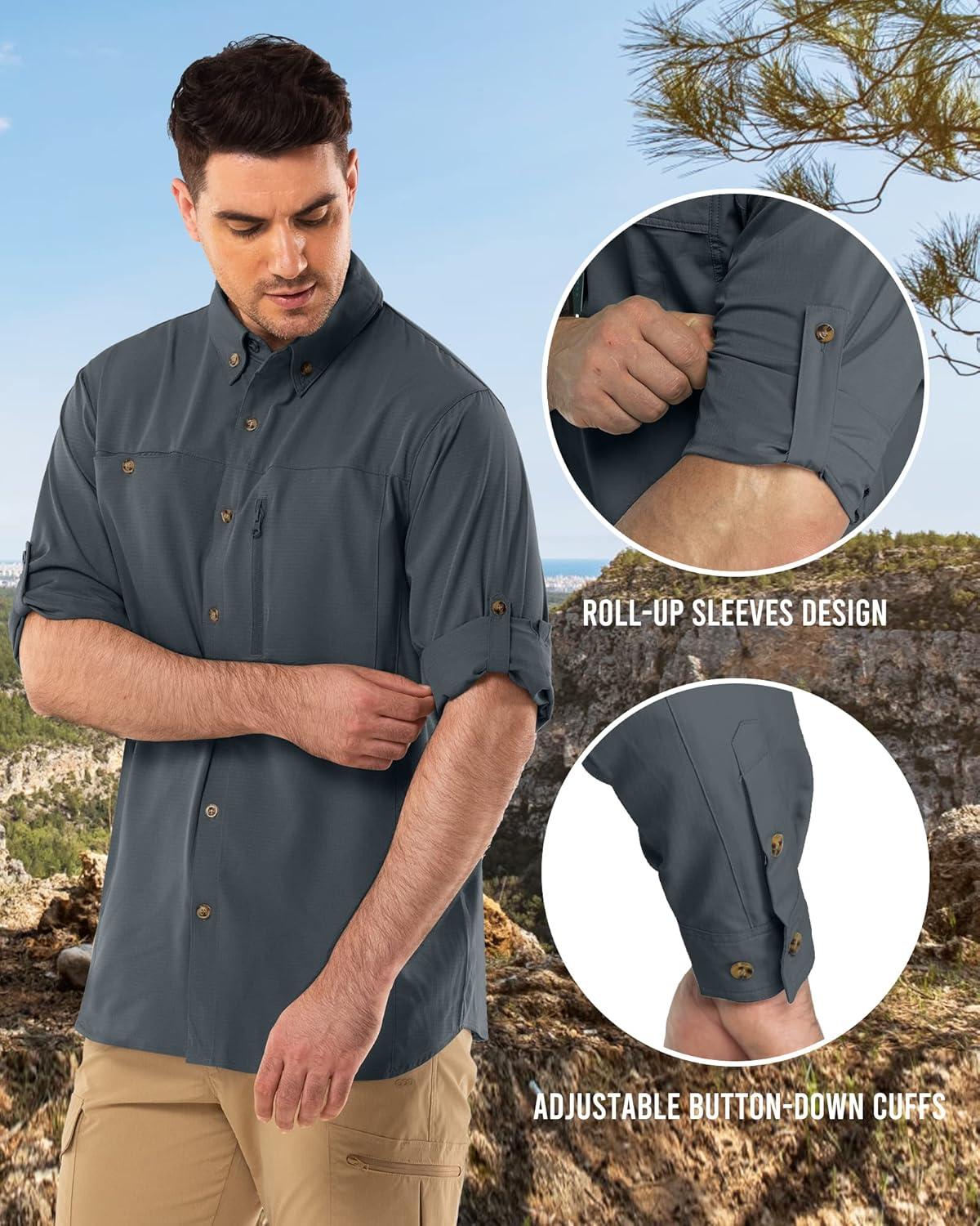 Outdoor Ventures Men’s Long Sleeve Hiking Shirt UPF 50 UV Sun Protection Shirt Cooling Quick Dry for Travel Fishing Safari(Grey)