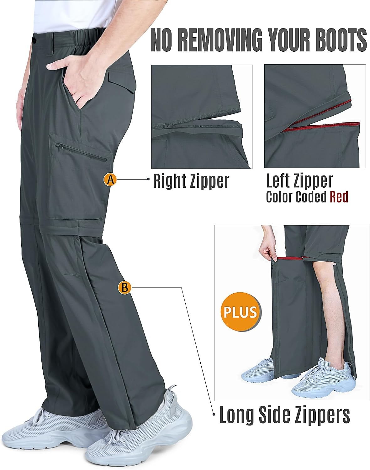 Outdoor Ventures Mens Convertible Hiking Pants Quick Dry Zip Off Cargo(Gery)
