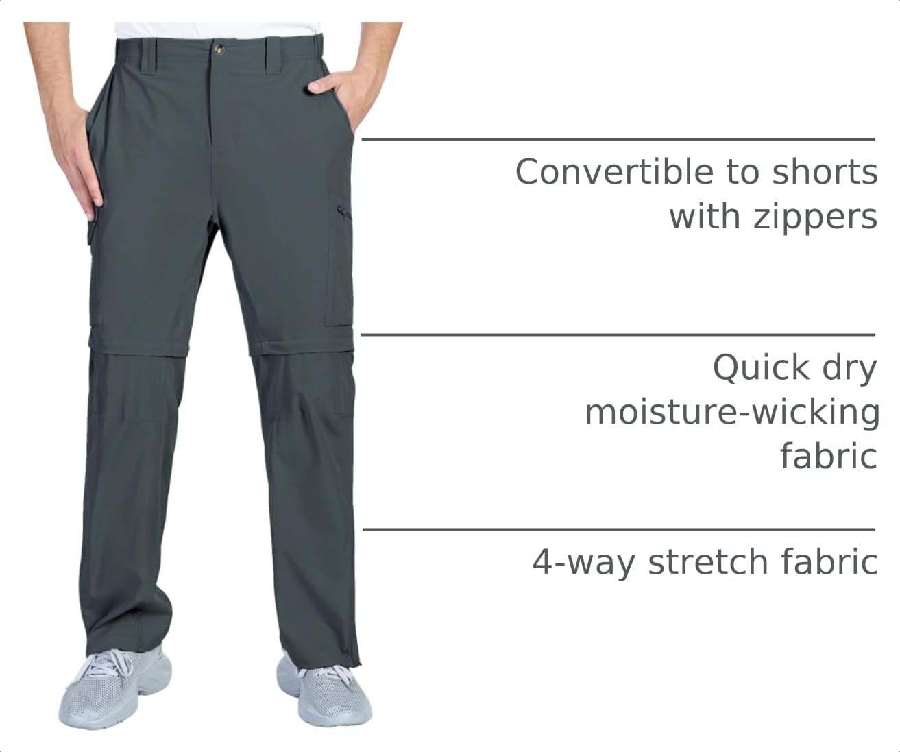 Outdoor Ventures Mens Convertible Hiking Pants Quick Dry Zip Off Cargo(Gery)