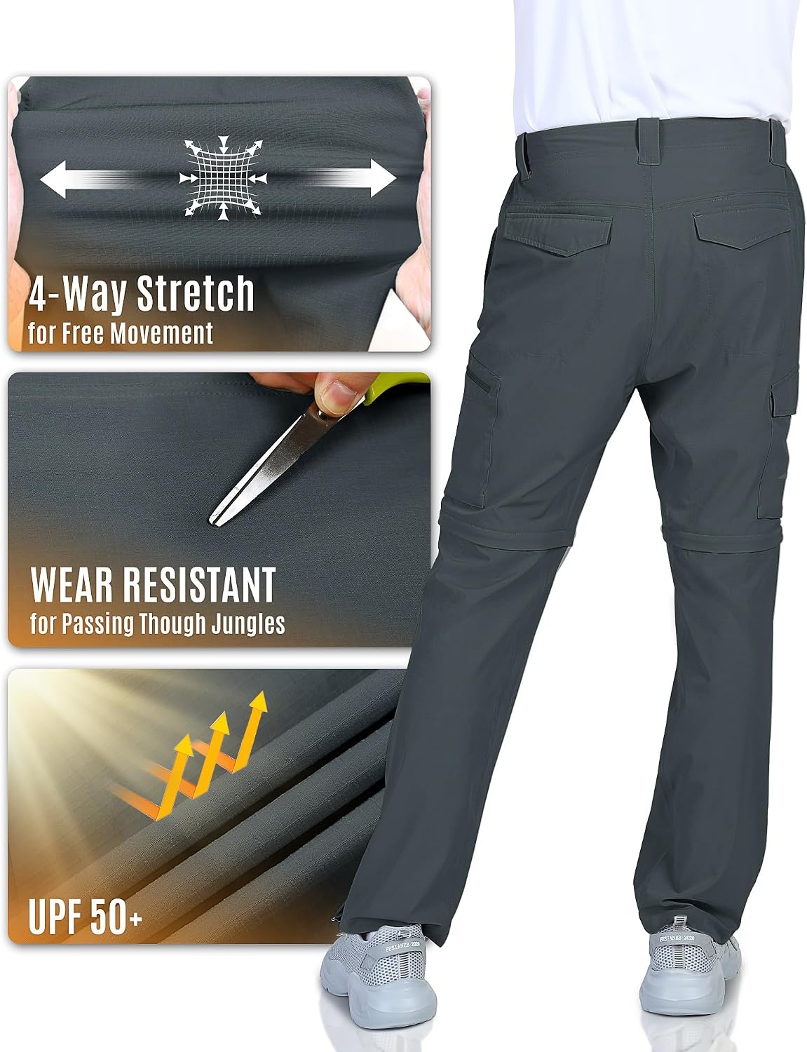 Outdoor Ventures Mens Convertible Hiking Pants Quick Dry Zip Off Cargo(Gery)