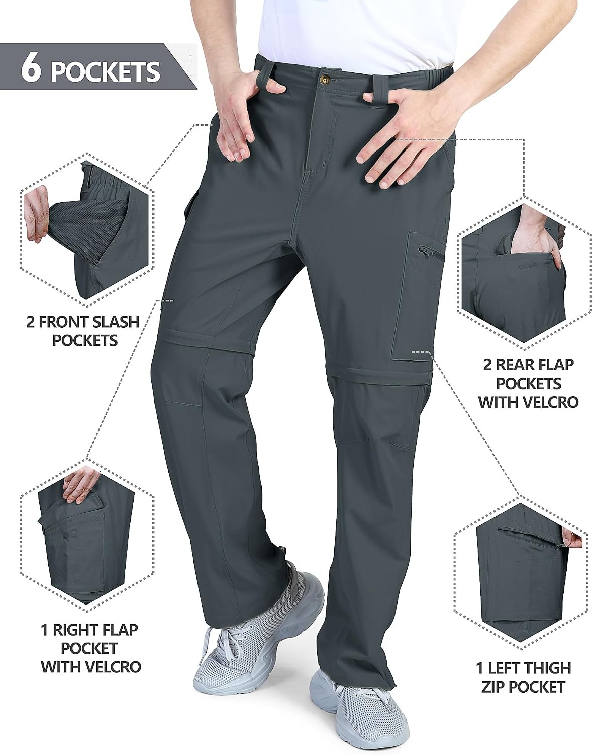Outdoor Ventures Mens Convertible Hiking Pants Quick Dry Zip Off Cargo(Gery)