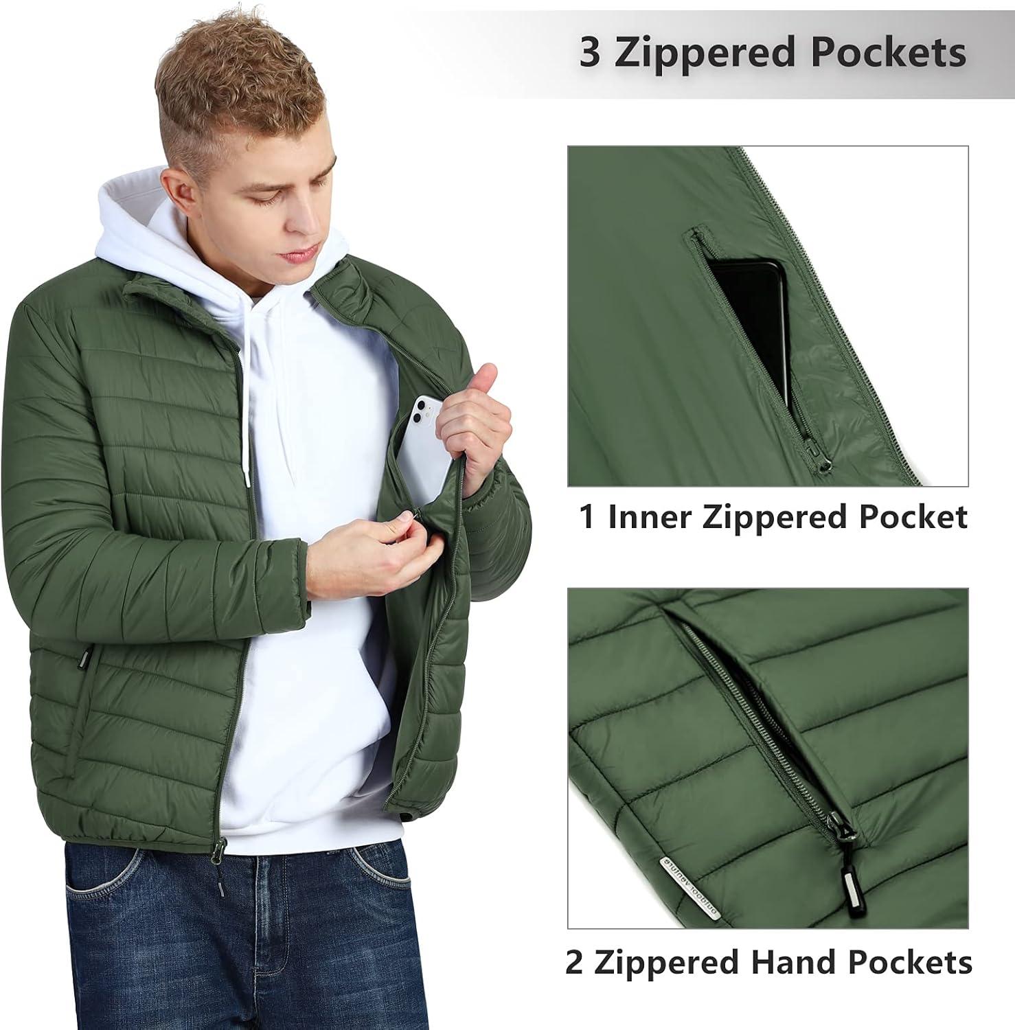 Outdoor Ventures Men’s Lightweight Packable Puffer Winter Jacket Insulated Puffy Coat for Snow Ski Hiking Travel(Army Green(fold in Bag))