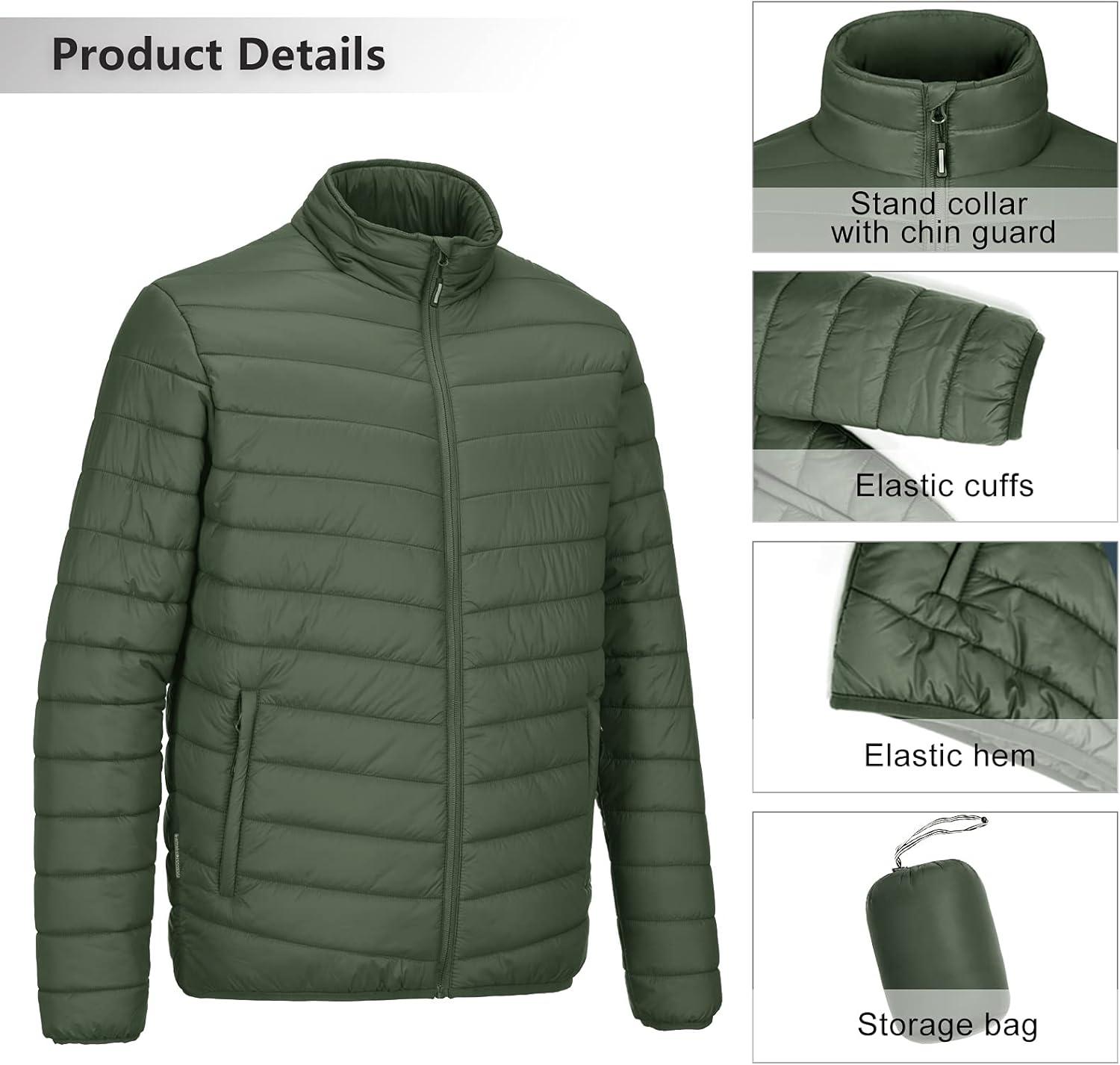 Outdoor Ventures Men’s Lightweight Packable Puffer Winter Jacket Insulated Puffy Coat for Snow Ski Hiking Travel(Army Green(fold in Bag))