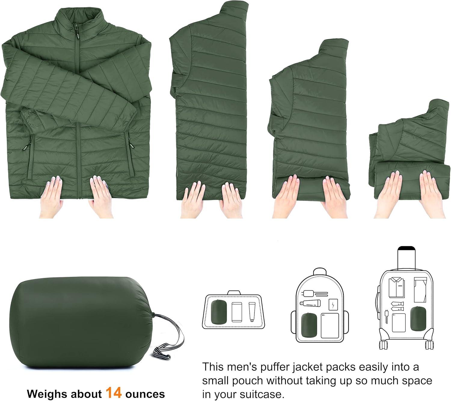 Outdoor Ventures Men’s Lightweight Packable Puffer Winter Jacket Insulated Puffy Coat for Snow Ski Hiking Travel(Army Green(fold in Bag))