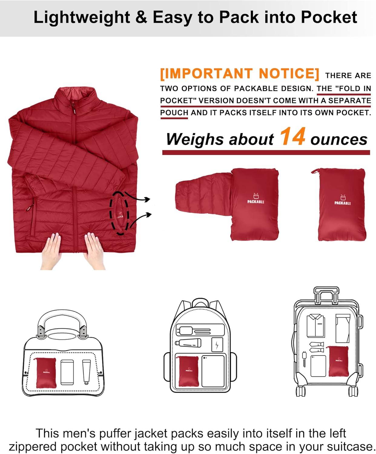 Outdoor Ventures Men’s Lightweight Packable Puffer Winter Jacket Insulated Puffy Coat for Snow Ski Hiking Travel(Mountain Red(fold in Pocket))