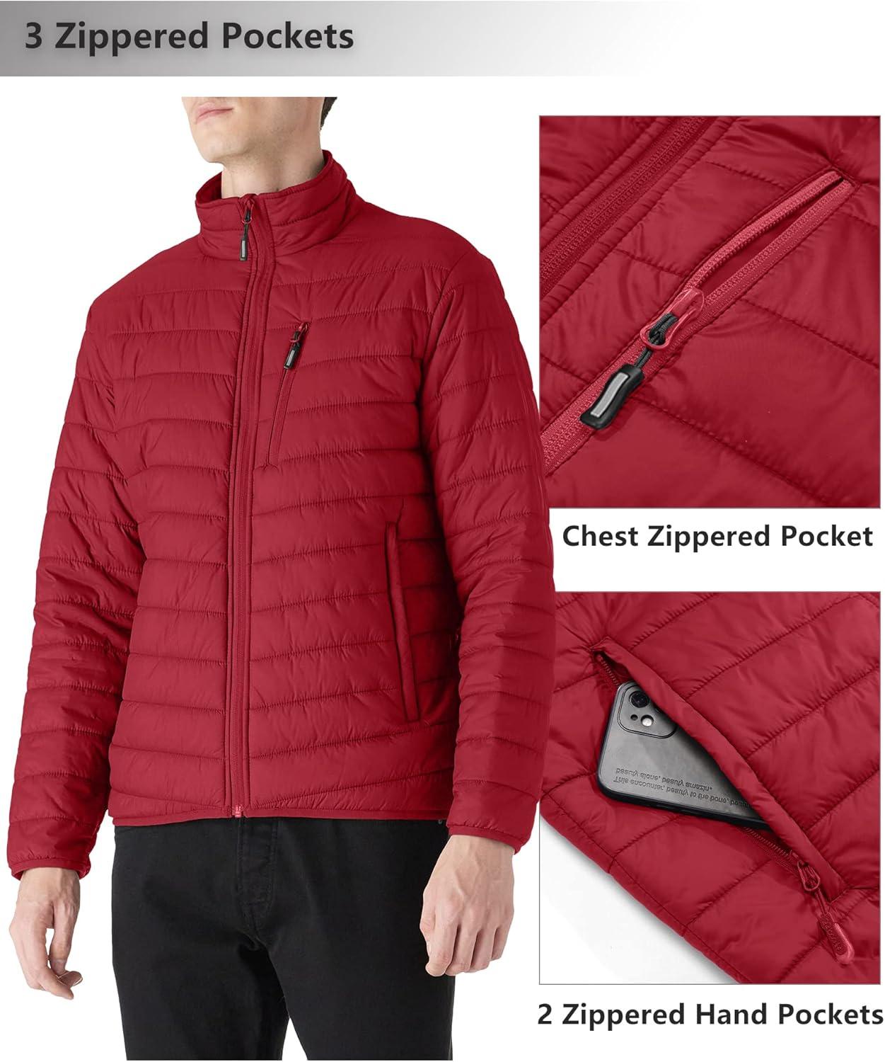 Outdoor Ventures Men’s Lightweight Packable Puffer Winter Jacket Insulated Puffy Coat for Snow Ski Hiking Travel(Mountain Red(fold in Pocket))