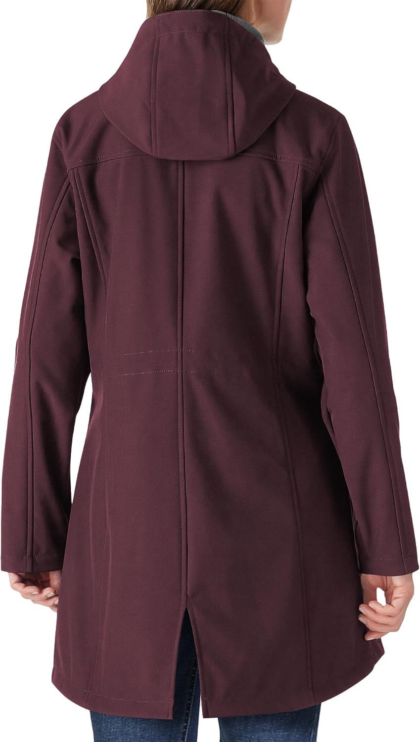 Outdoor Ventures Women’s Lightweight Waterproof Fleece Lined Hooded Softshell Rain Jacket, Warm Windbreaker Long Coat(Dark Wine)
