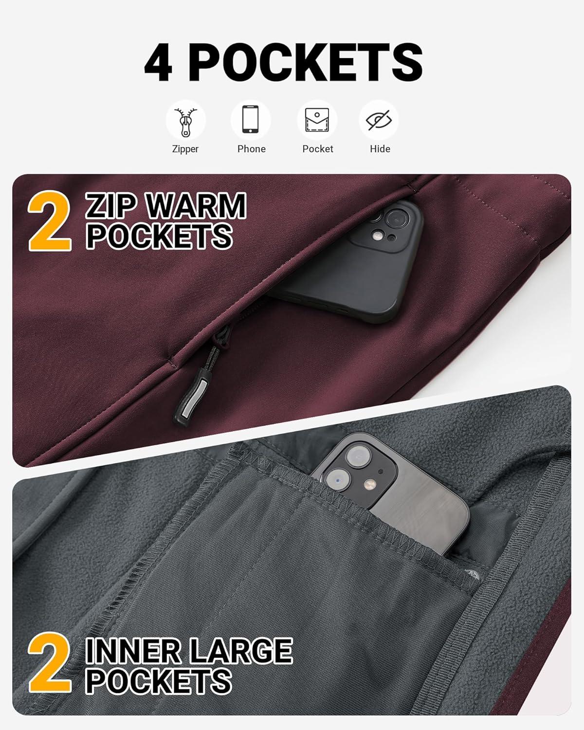 Outdoor Ventures Women’s Lightweight Waterproof Fleece Lined Hooded Softshell Rain Jacket, Warm Windbreaker Long Coat(Dark Wine)
