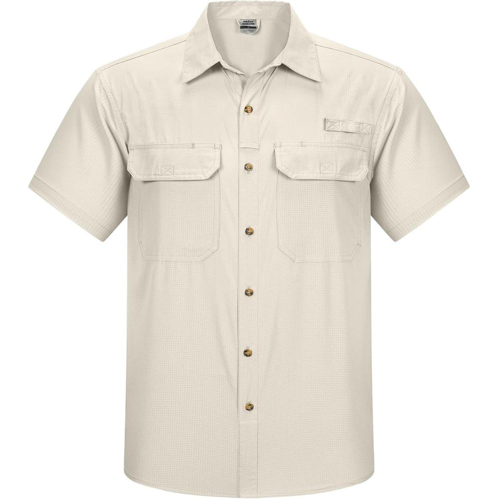 Outdoor Ventures Men’s Lightweight Short Sleeve Fishing Shirt UPF 50 Button Down Quick Dry Cooling Hiking Travel Safari Shirt(Khaki)