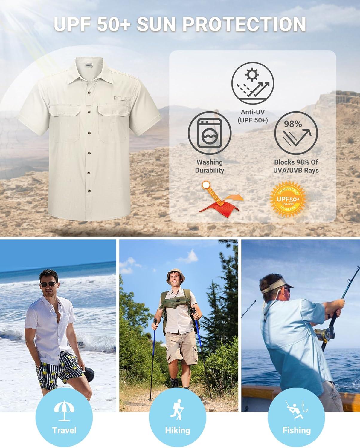 Outdoor Ventures Men’s Lightweight Short Sleeve Fishing Shirt UPF 50 Button Down Quick Dry Cooling Hiking Travel Safari Shirt(Khaki)
