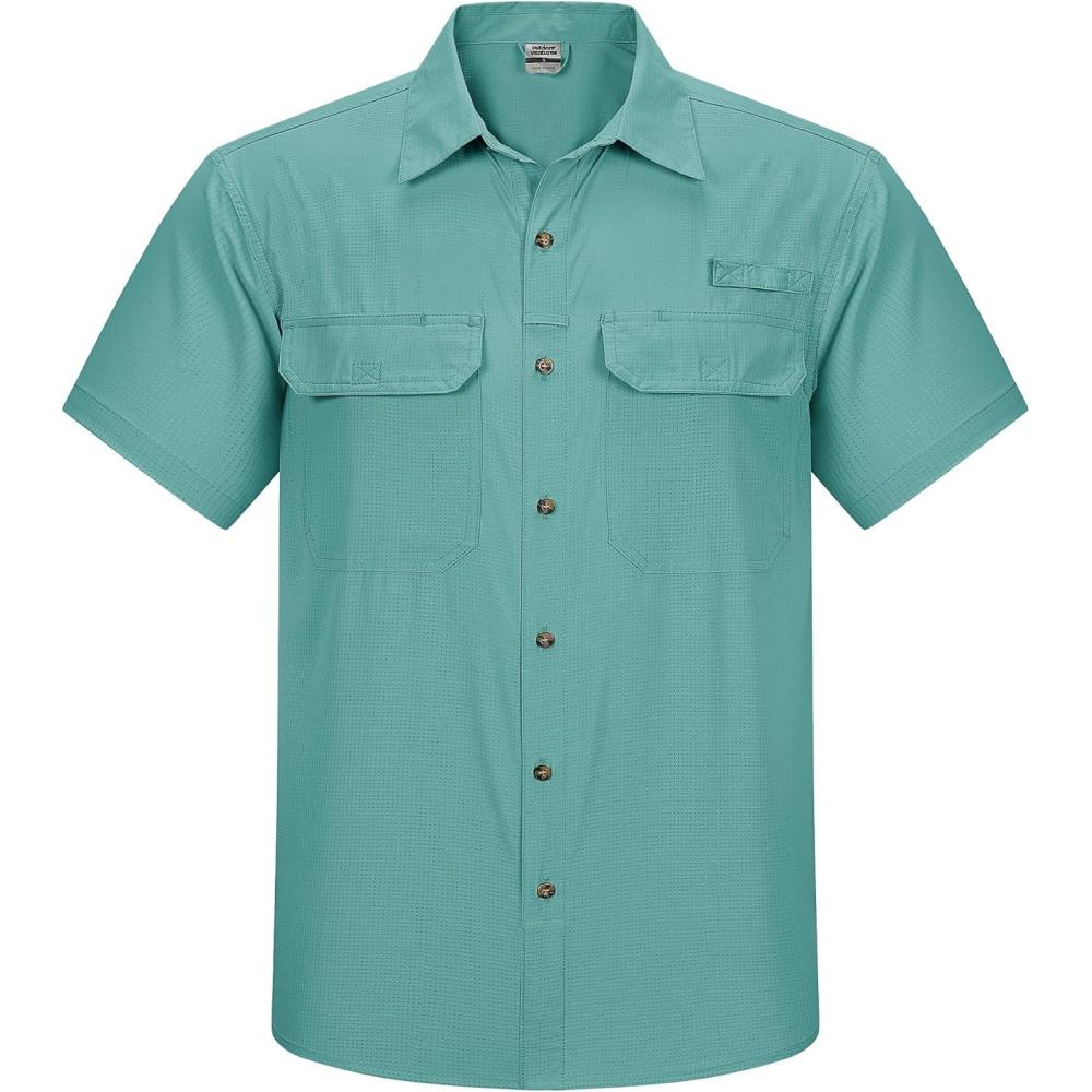 Outdoor Ventures Men’s Lightweight Short Sleeve Fishing Shirt UPF 50 Button Down Quick Dry Cooling Hiking Travel Safari Shirt(Teal)