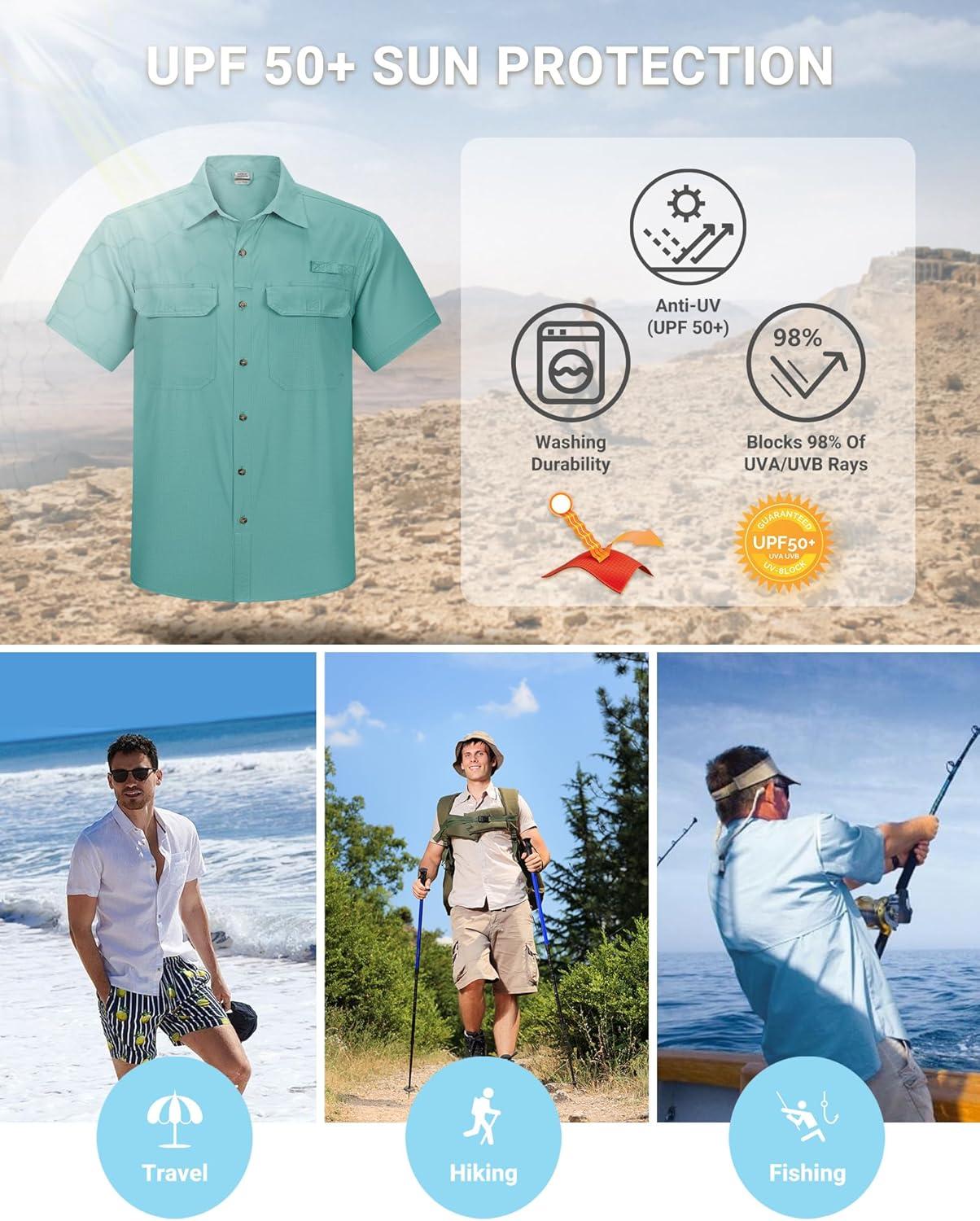 Outdoor Ventures Men’s Lightweight Short Sleeve Fishing Shirt UPF 50 Button Down Quick Dry Cooling Hiking Travel Safari Shirt(Teal)