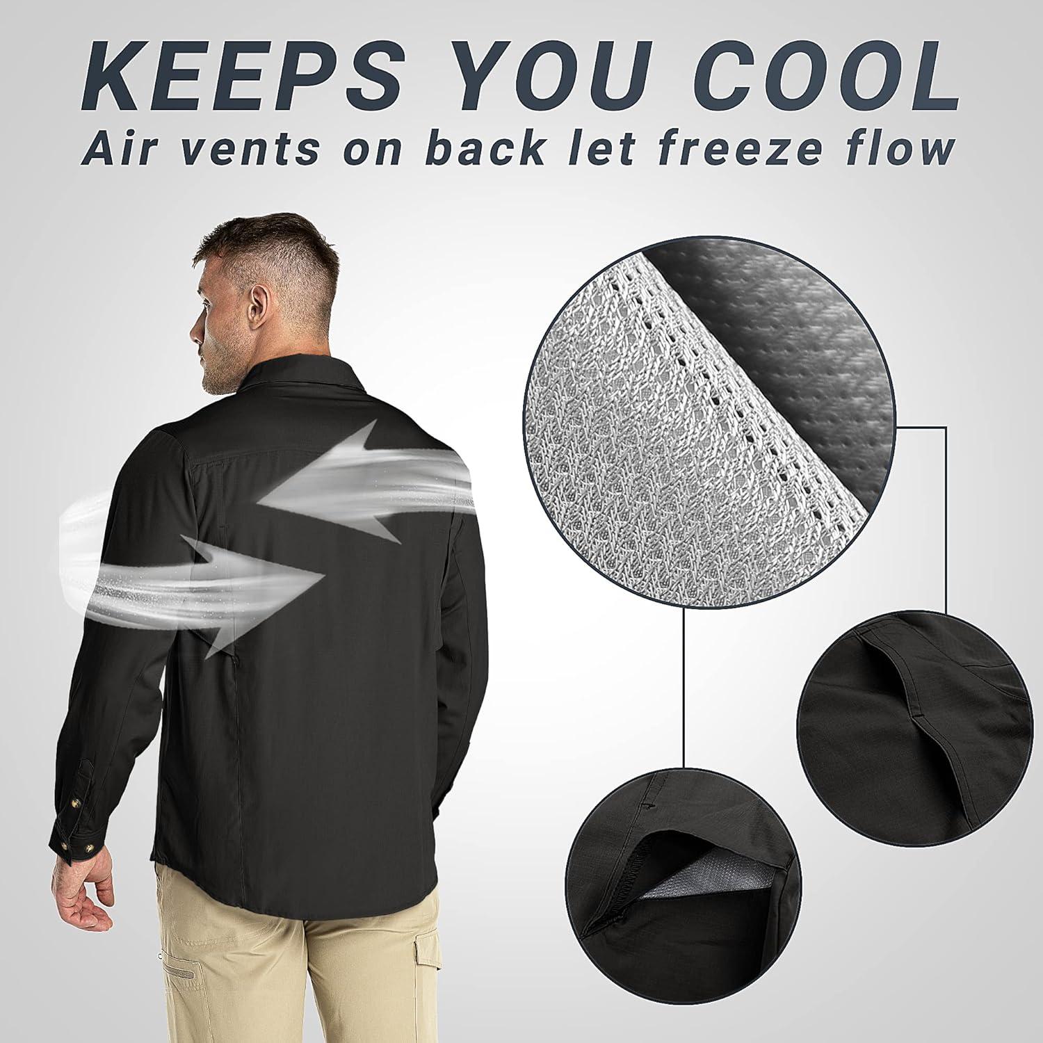 Outdoor Ventures Men’s UPF 50+ UV Sun Protection SPF Hiking Shirt Long Sleeve Lightweight Quick Dry for Safari Travel Fishing(Black)