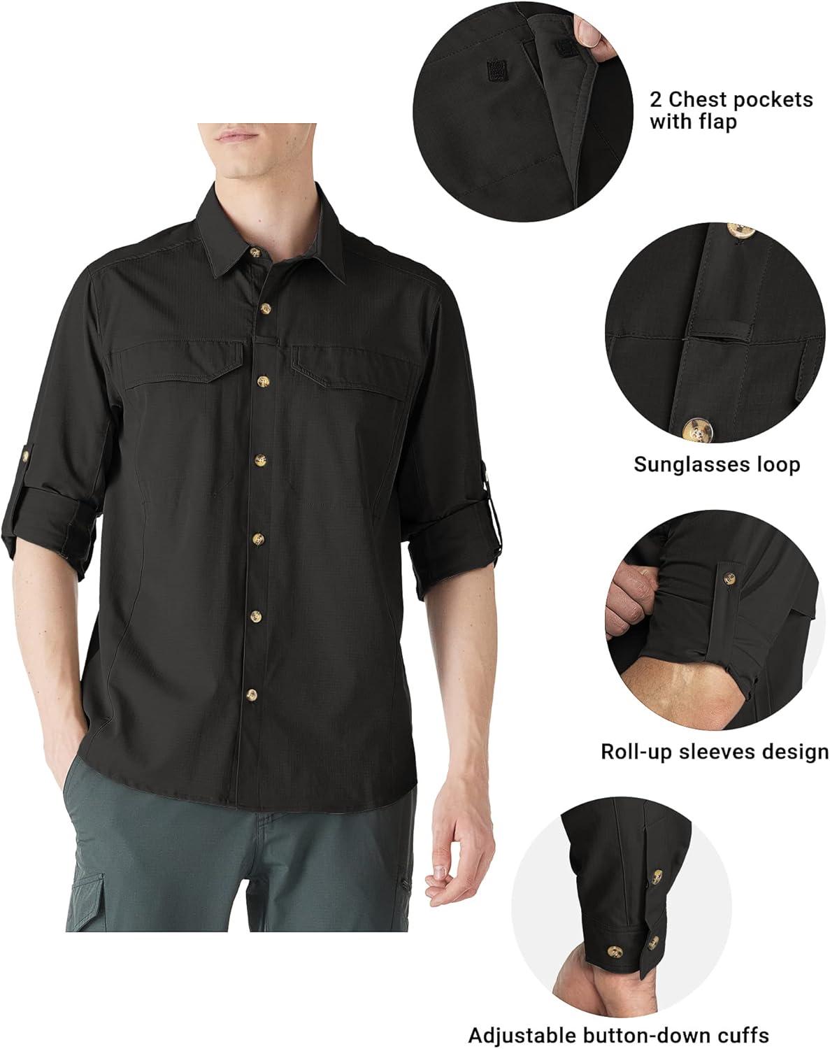 Outdoor Ventures Men’s UPF 50+ UV Sun Protection SPF Hiking Shirt Long Sleeve Lightweight Quick Dry for Safari Travel Fishing(Black)