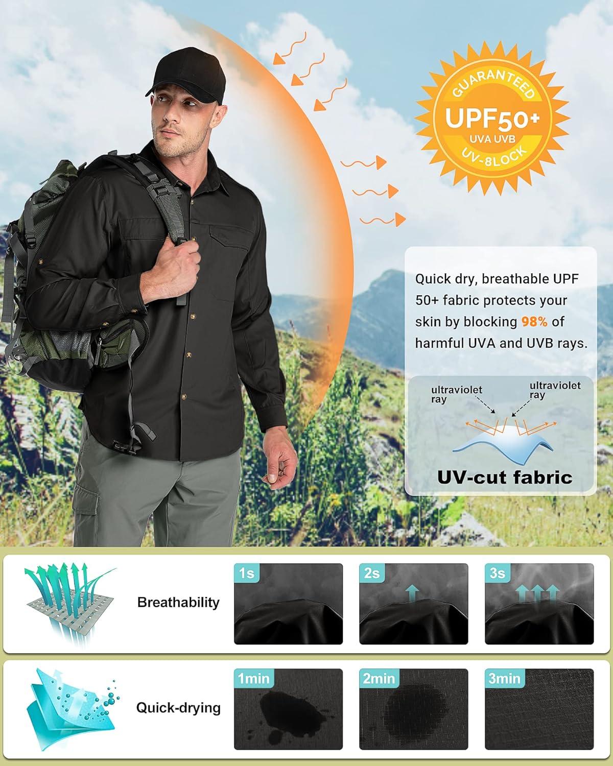 Outdoor Ventures Men’s UPF 50+ UV Sun Protection SPF Hiking Shirt Long Sleeve Lightweight Quick Dry for Safari Travel Fishing(Black)