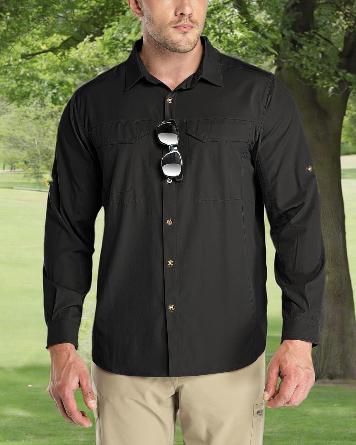 Outdoor Ventures Men’s UPF 50+ UV Sun Protection SPF Hiking Shirt Long Sleeve Lightweight Quick Dry for Safari Travel Fishing(Black)