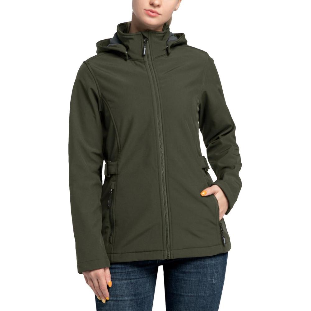 Outdoor Ventures Women’s Softshell Jacket with Removable Hood, Insulated Windbreaker Waterproof Warm Fleece Lined Coat(Olive Green)