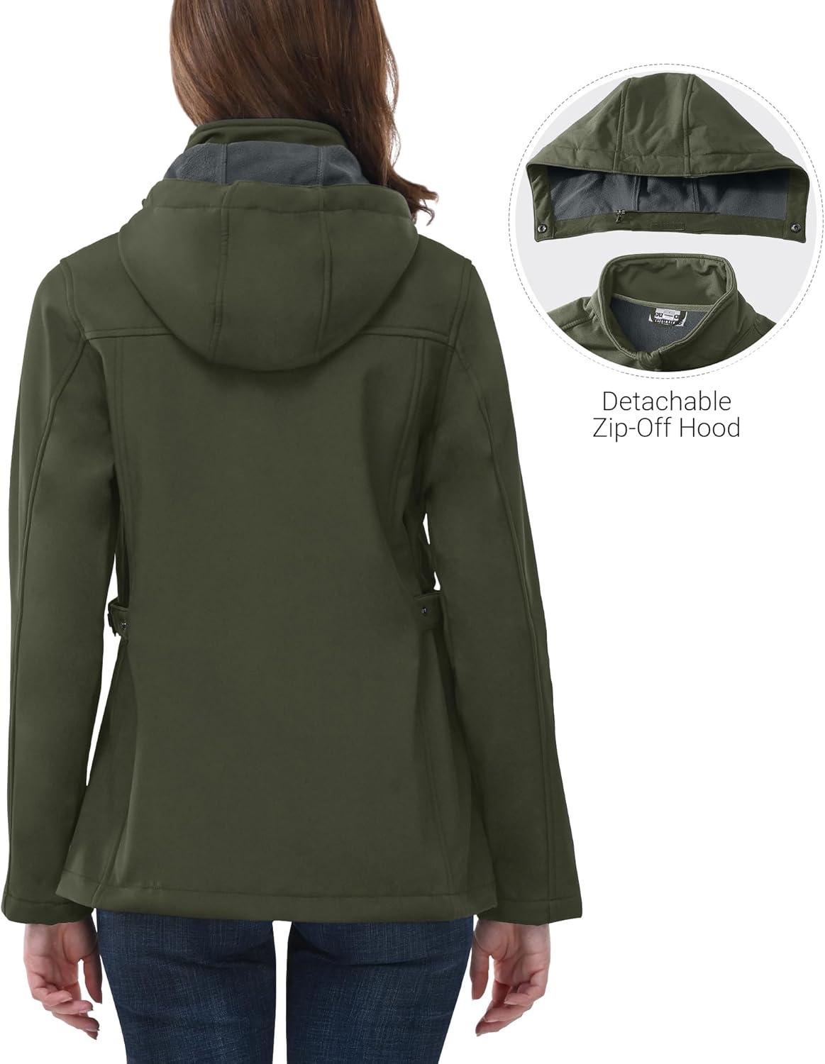 Outdoor Ventures Women’s Softshell Jacket with Removable Hood, Insulated Windbreaker Waterproof Warm Fleece Lined Coat(Olive Green)