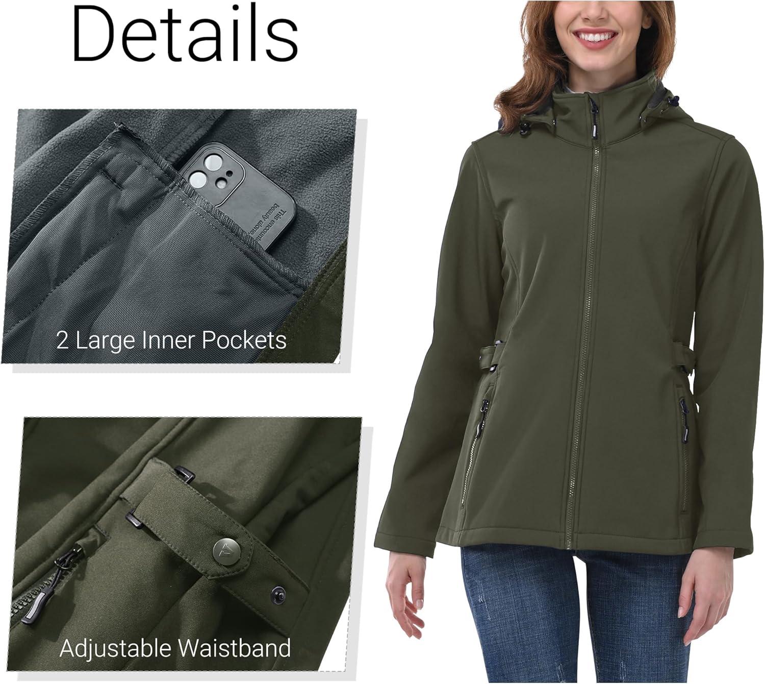 Outdoor Ventures Women’s Softshell Jacket with Removable Hood, Insulated Windbreaker Waterproof Warm Fleece Lined Coat(Olive Green)