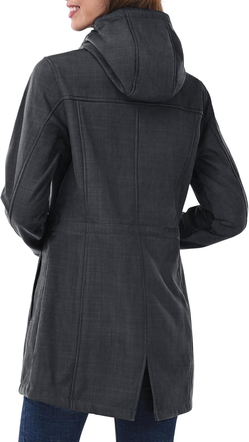 Outdoor Ventures Women’s Lightweight Waterproof Fleece Lined Hooded Softshell Rain Jacket, Warm Windbreaker Long Coat(Dark Grey-check)