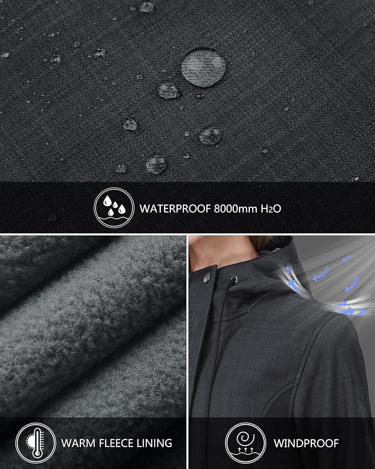 Outdoor Ventures Women’s Lightweight Waterproof Fleece Lined Hooded Softshell Rain Jacket, Warm Windbreaker Long Coat(Dark Grey-check)