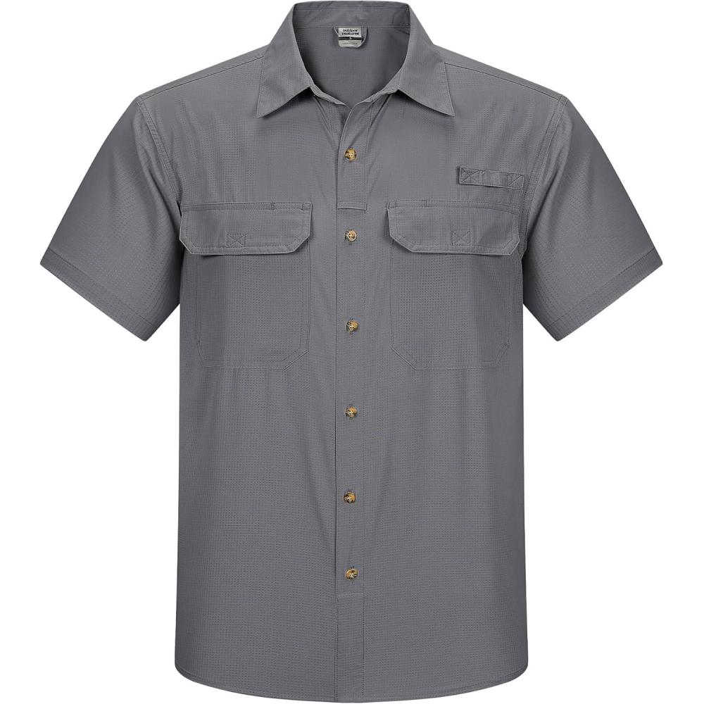 Outdoor Ventures Men’s Lightweight Short Sleeve Fishing Shirt UPF 50 Button Down Quick Dry Cooling Hiking Travel Safari Shirt(Storm Grey)