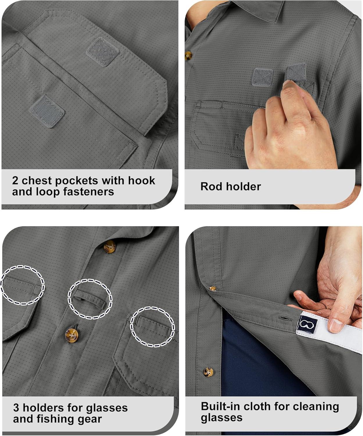 Outdoor Ventures Men’s Lightweight Short Sleeve Fishing Shirt UPF 50 Button Down Quick Dry Cooling Hiking Travel Safari Shirt(Storm Grey)
