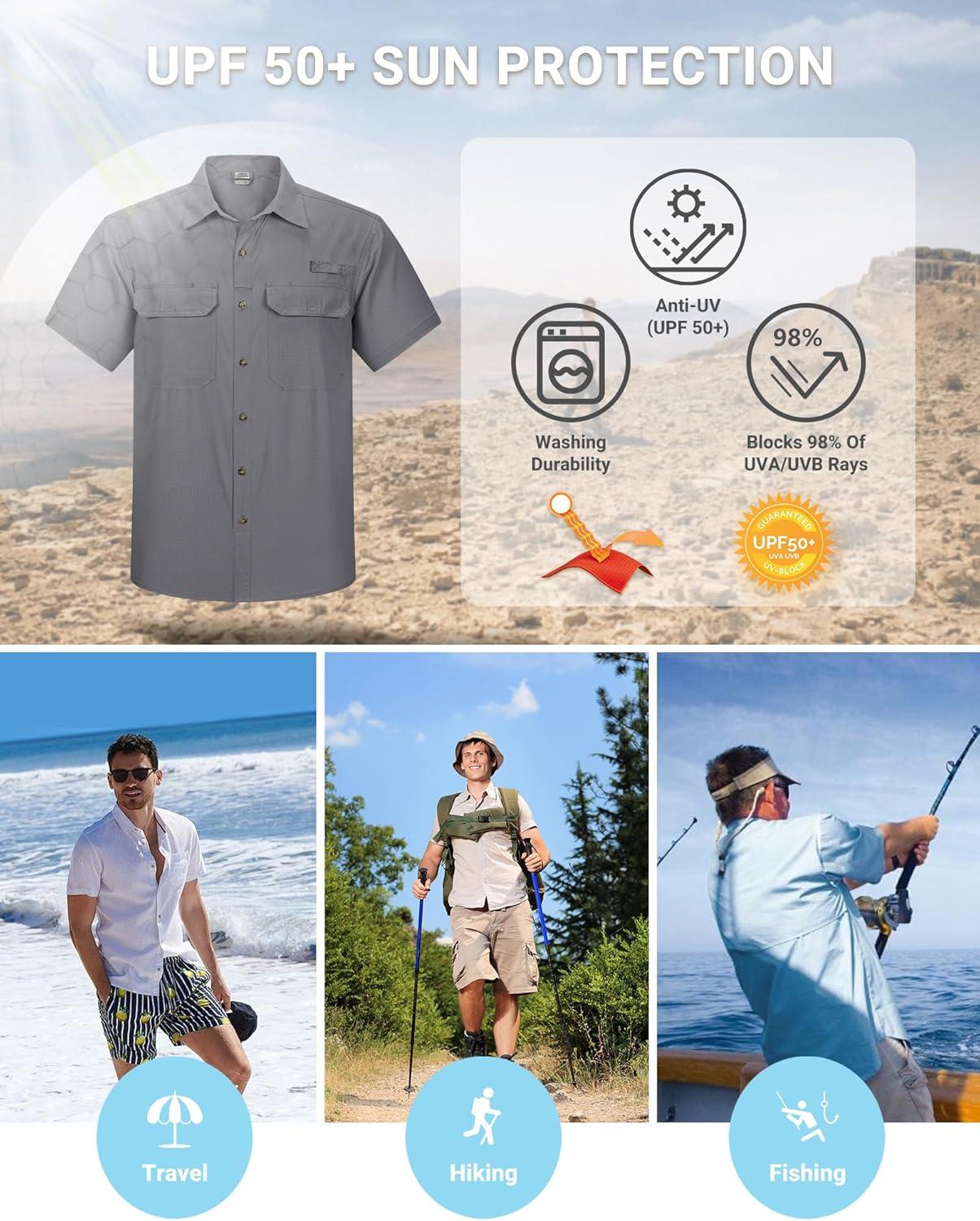 Outdoor Ventures Men’s Lightweight Short Sleeve Fishing Shirt UPF 50 Button Down Quick Dry Cooling Hiking Travel Safari Shirt(Storm Grey)