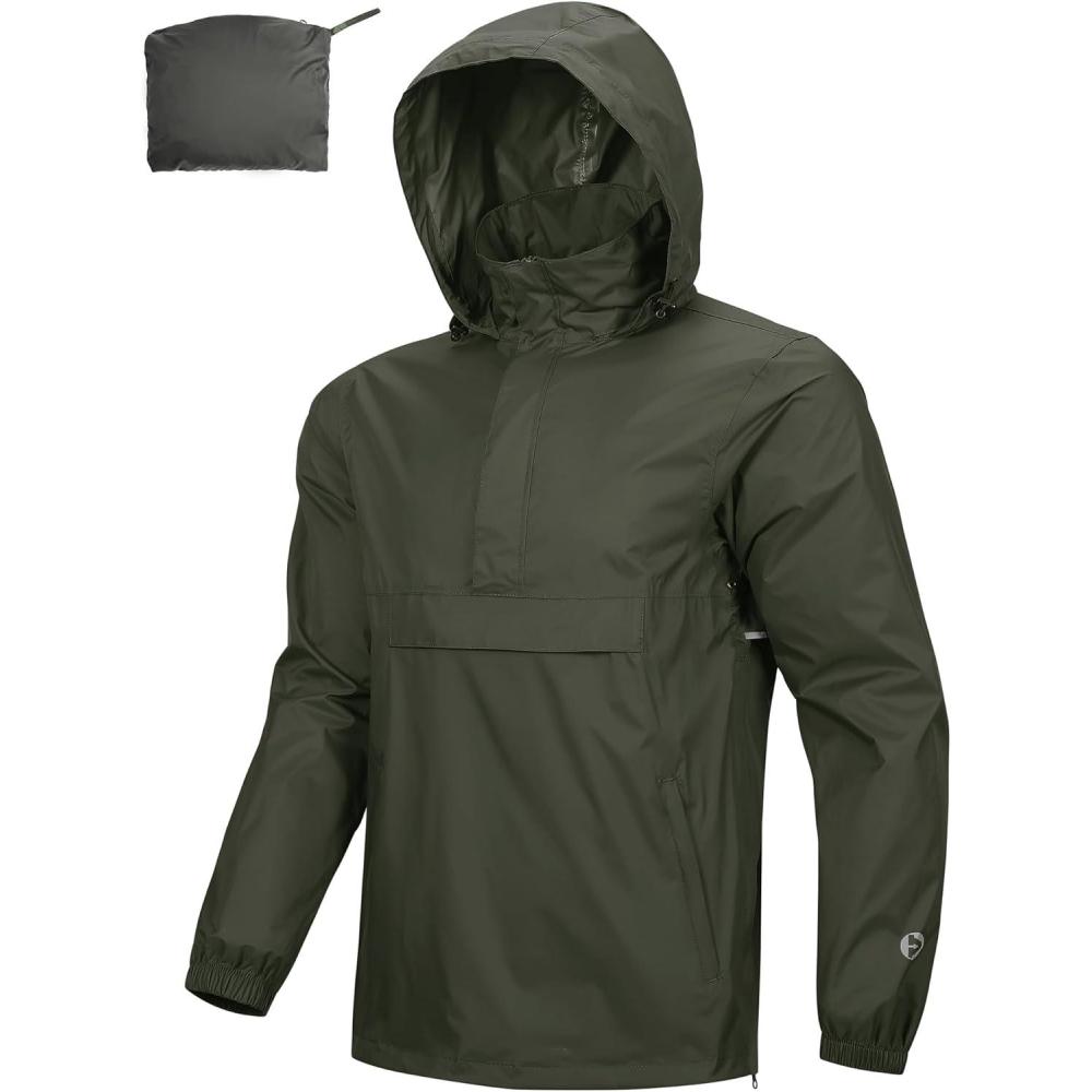Outdoor Ventures Men’s Rain Jacket Waterproof Lightweight Packable Rain Pullover for Hiking Golf Running(Green)