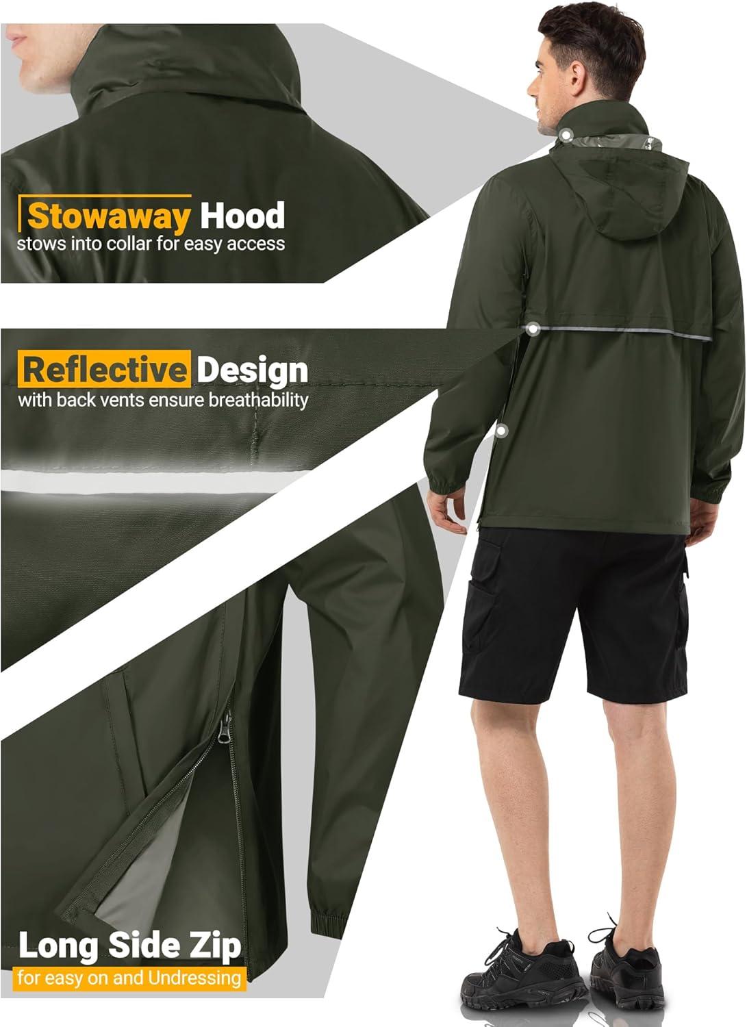 Outdoor Ventures Men’s Rain Jacket Waterproof Lightweight Packable Rain Pullover for Hiking Golf Running(Green)