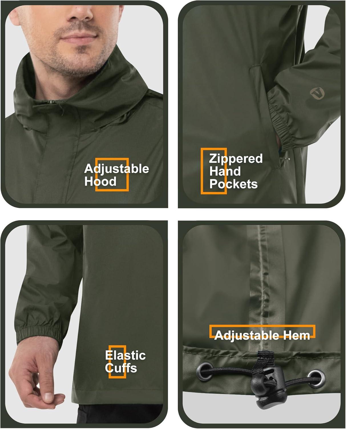 Outdoor Ventures Men’s Rain Jacket Waterproof Lightweight Packable Rain Pullover for Hiking Golf Running(Green)